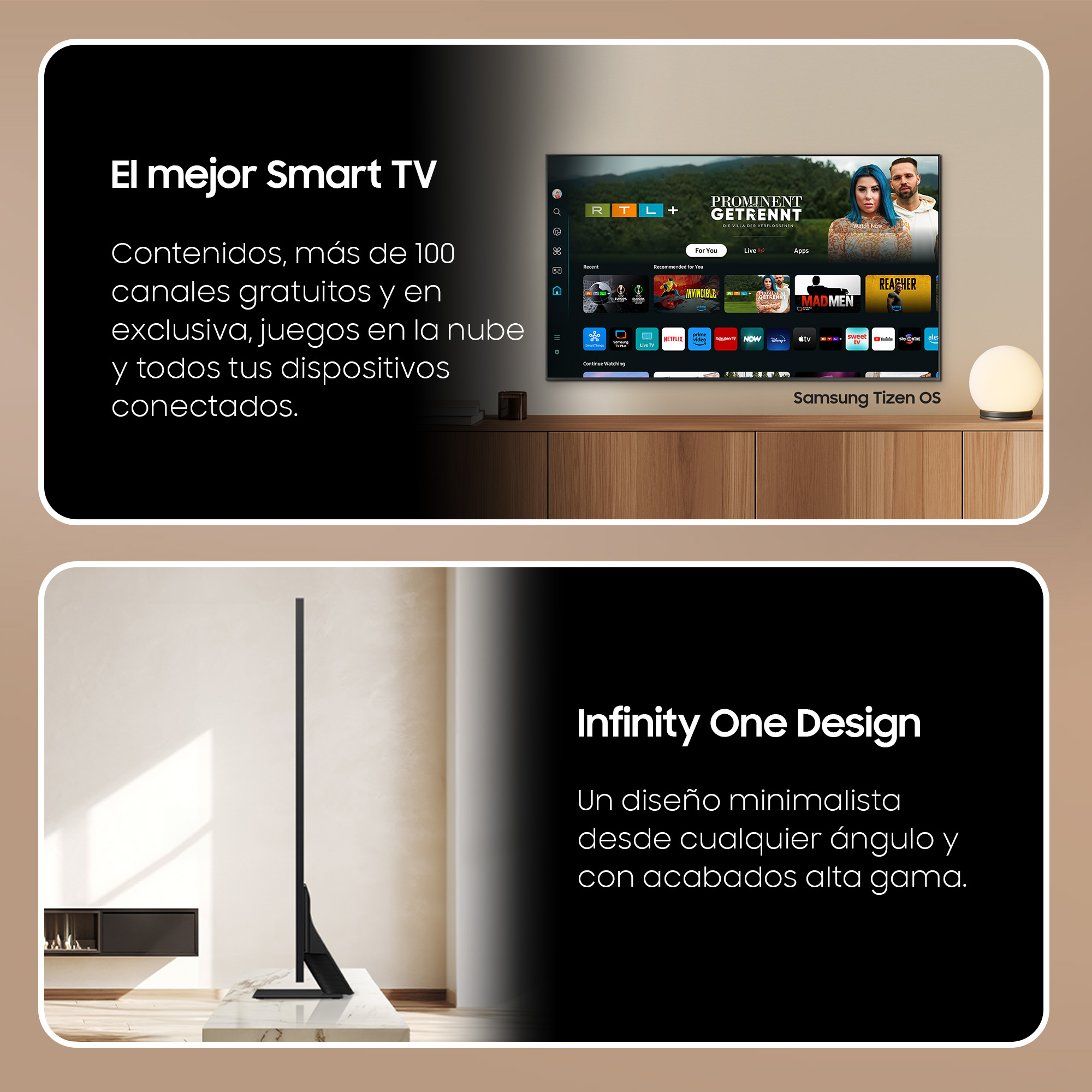 Dos imágenes de TV, una con streaming y canales, otra centrada en el diseño.