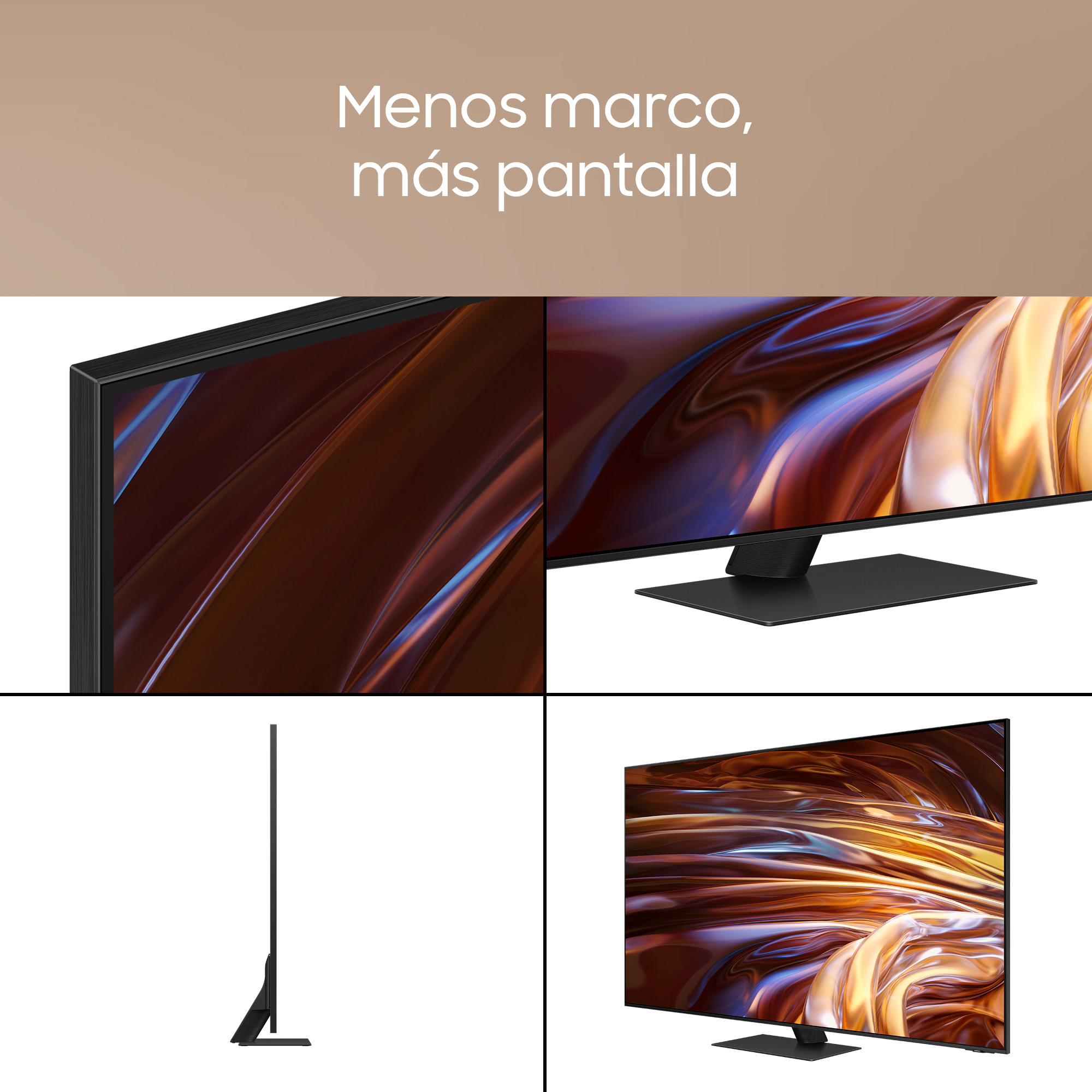 Múltiples vistas de un televisor negro. Primer plano de la esquina, la parte inferior, el lateral y la vista frontal.
