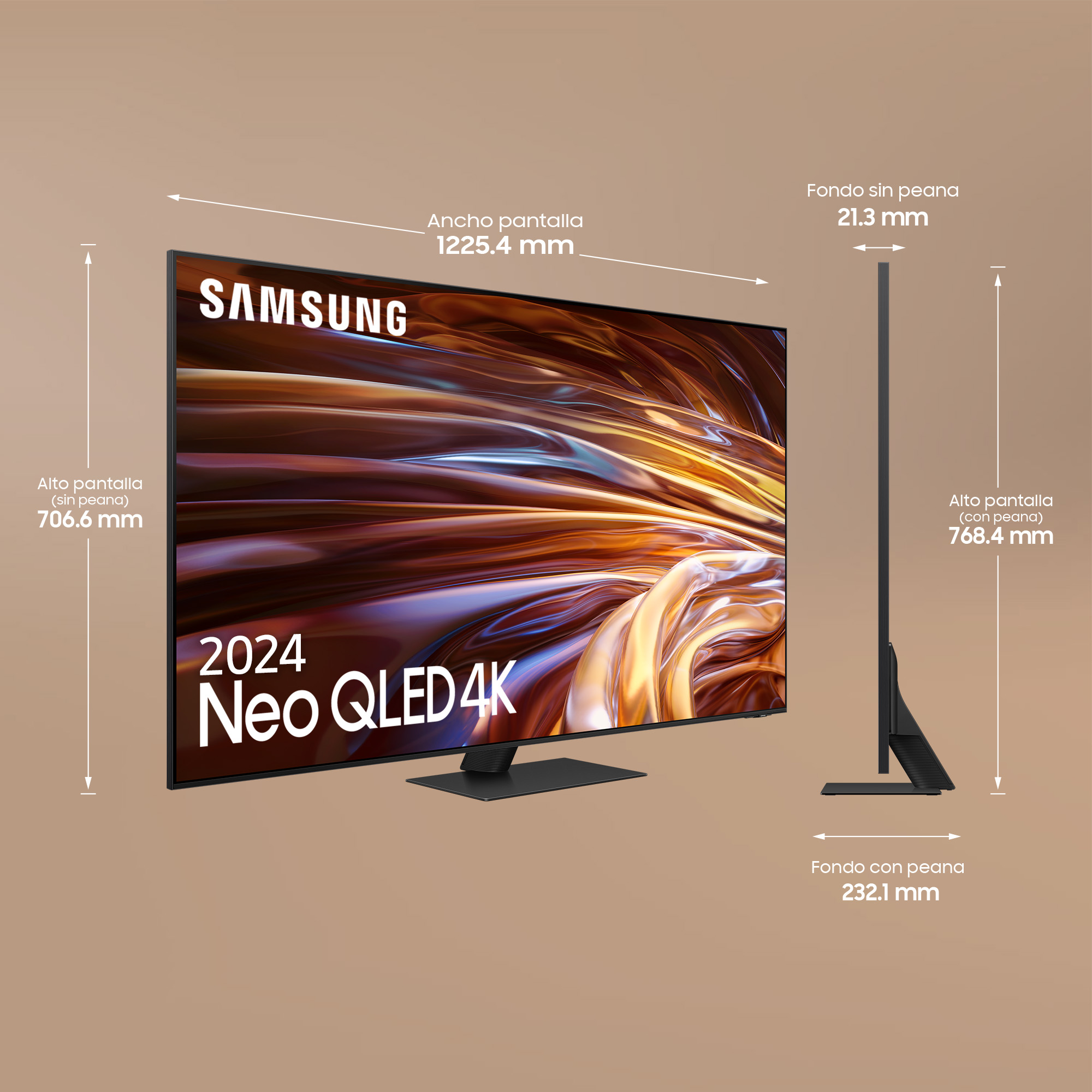 Un televisor Samsung Neo QLED 4K negro, mostrando dimensiones y vista lateral sobre un fondo marrón claro.