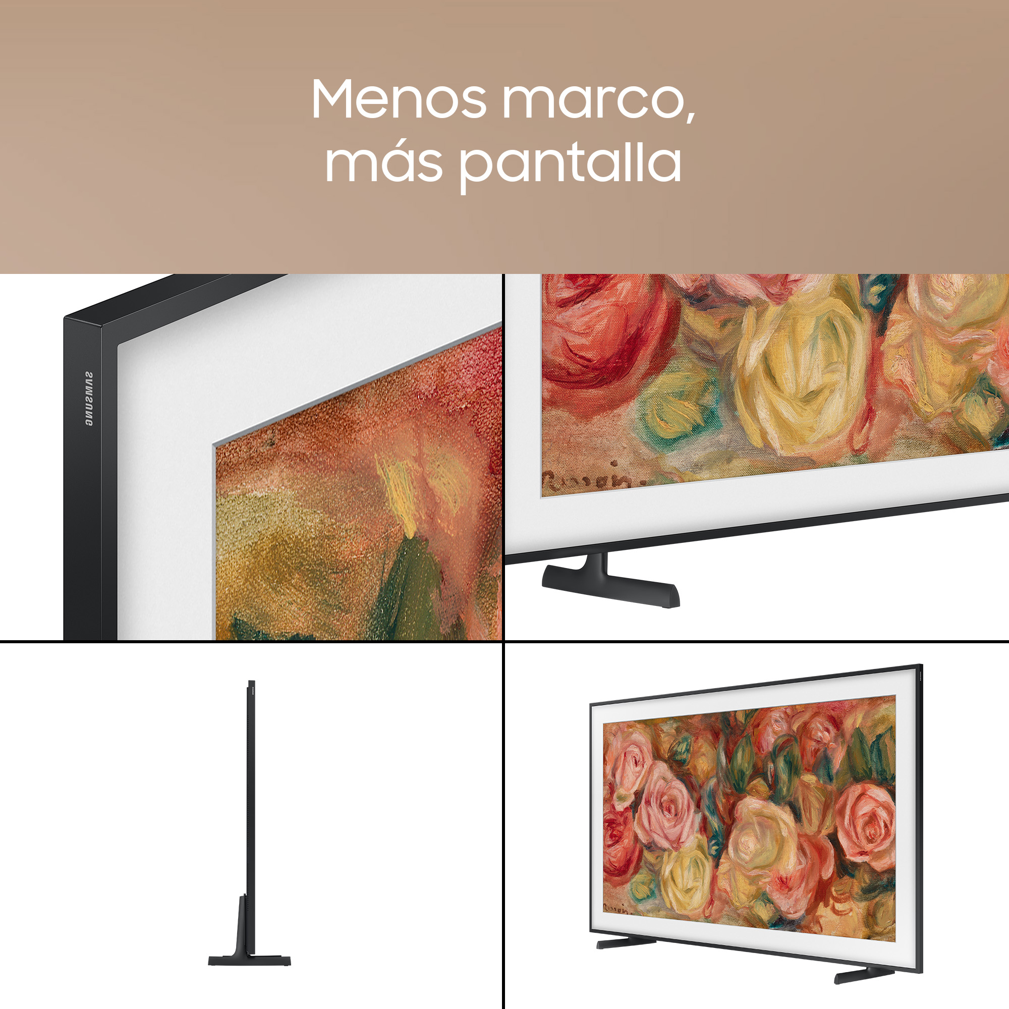 TV con flores, marco negro, borde blanco y soporte negro.
