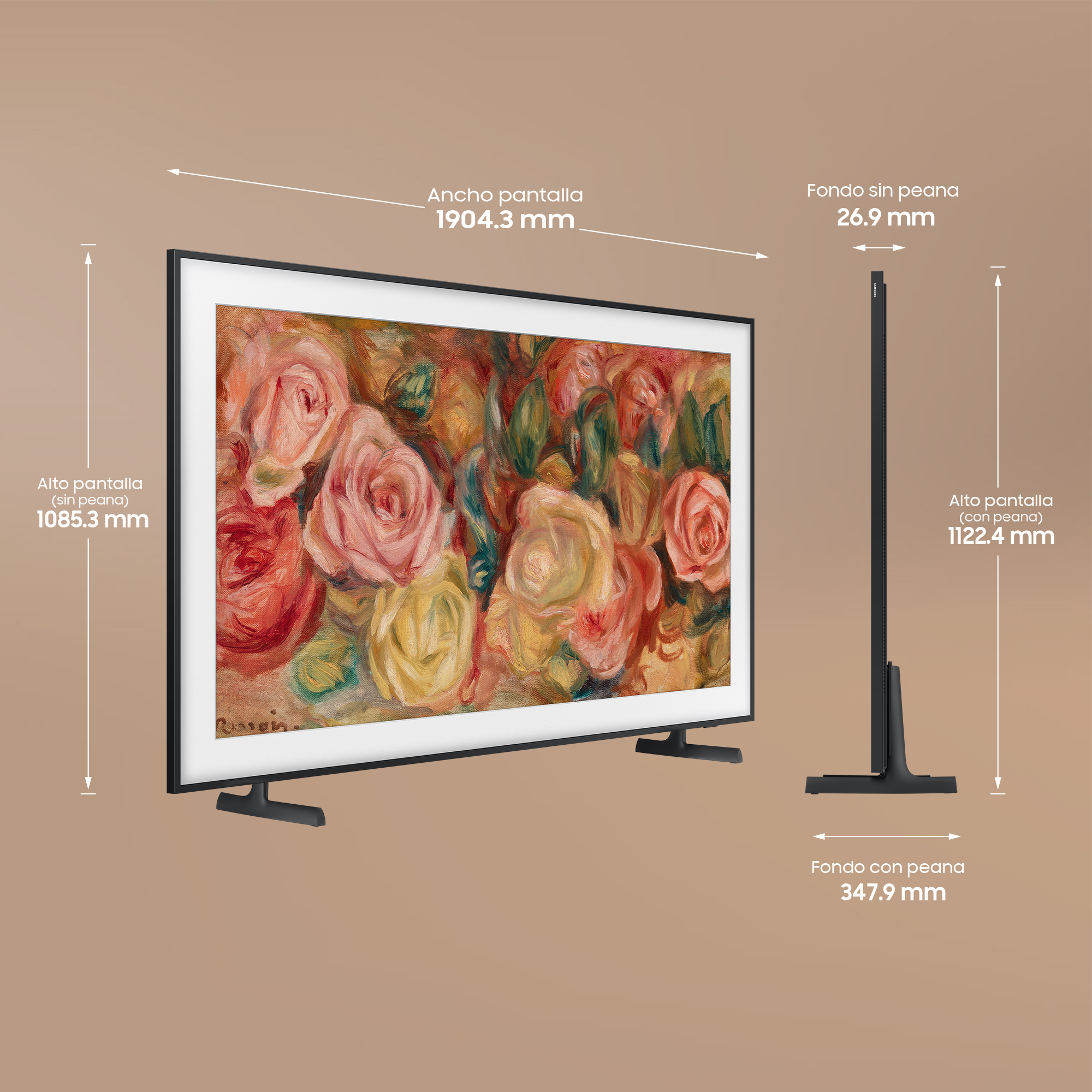TV con imagen floral, perfil lateral con dimensiones y texto sobre fondo marrón.