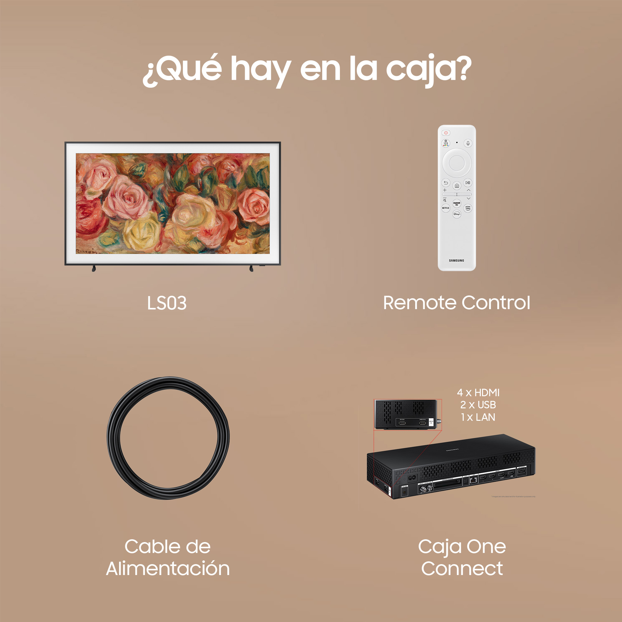 TV con mando a distancia, cable de alimentación y caja One Connect, sobre fondo melocotón.