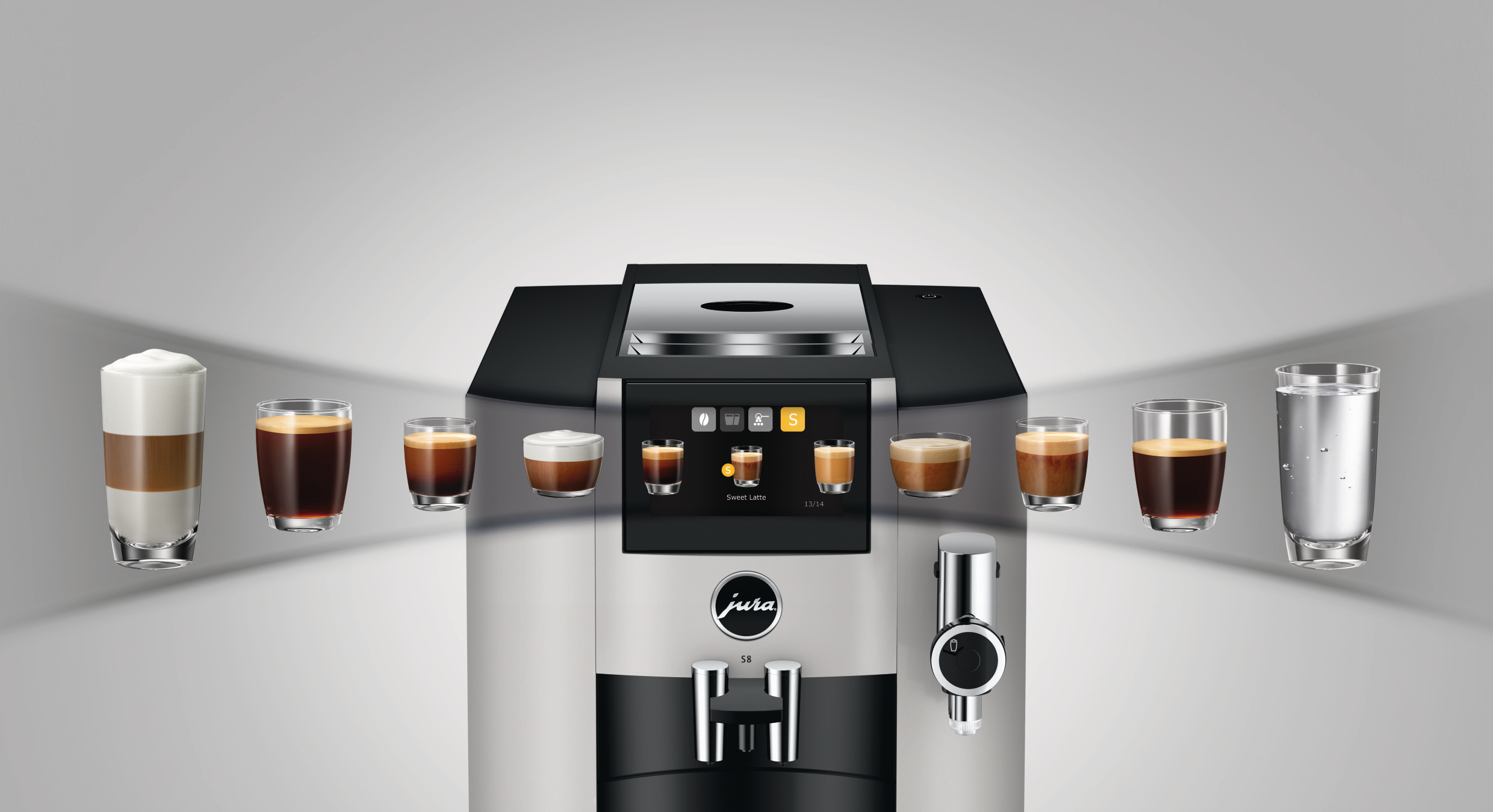 Eine Jura Kaffeemaschine mit einer Vielzahl von Kaffeegetränken, die auf der linken Seite angezeigt werden.