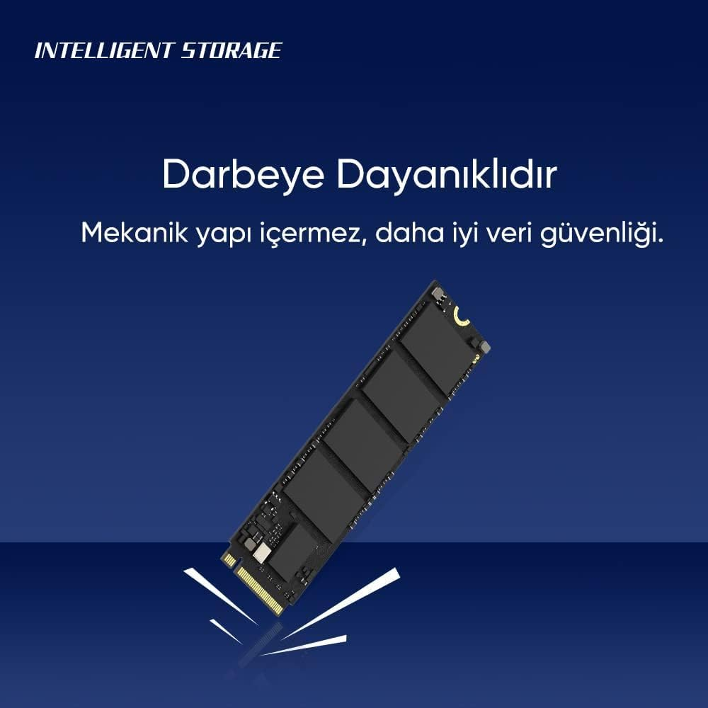 Mavi bir yüzey üzerinde siyah bir SSD. Yukarıdaki metin 'INTELLIGENT STORAGE' yazıyor.