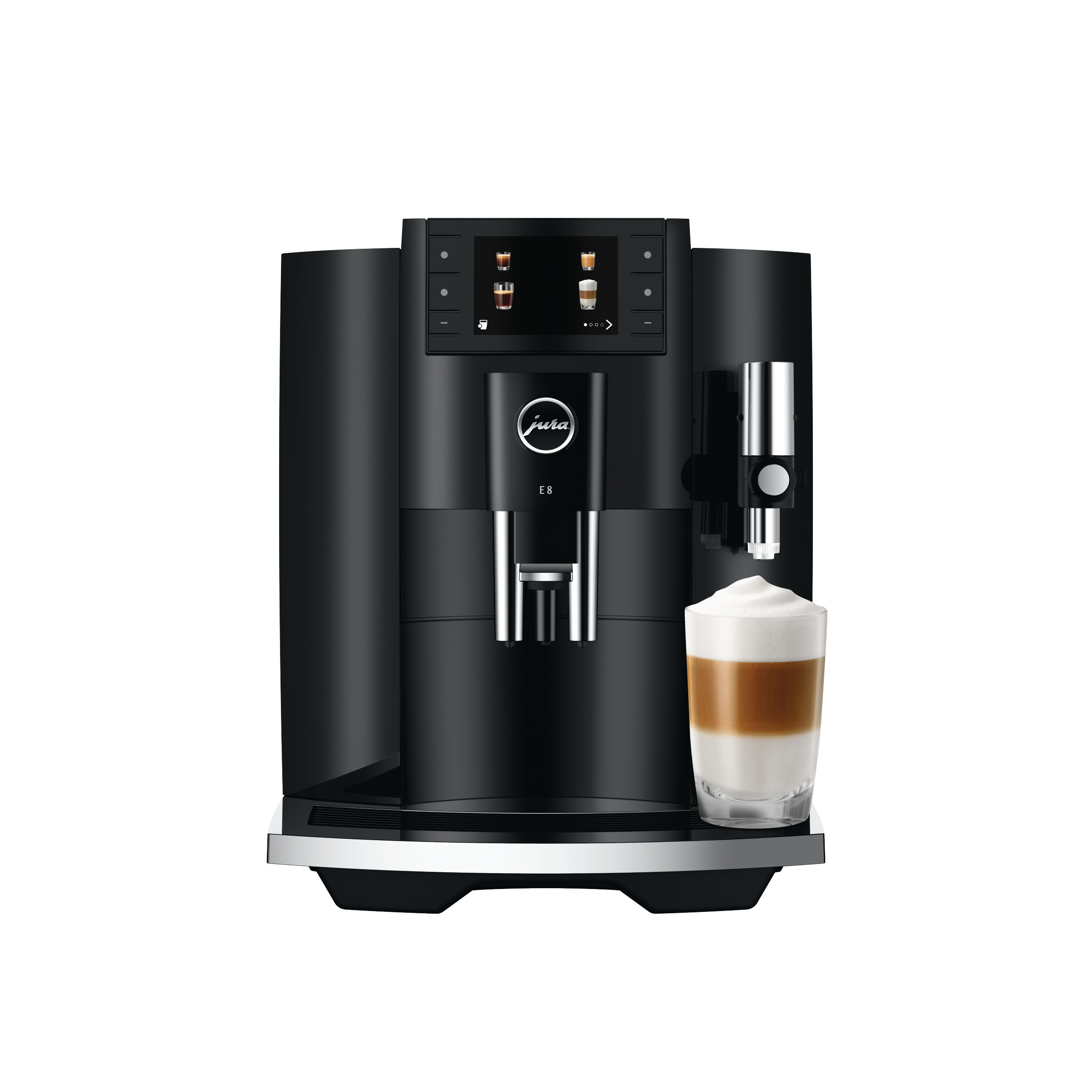 Schwarze Jura E8 Kaffeemaschine mit einem Glas geschichtetem Kaffee.