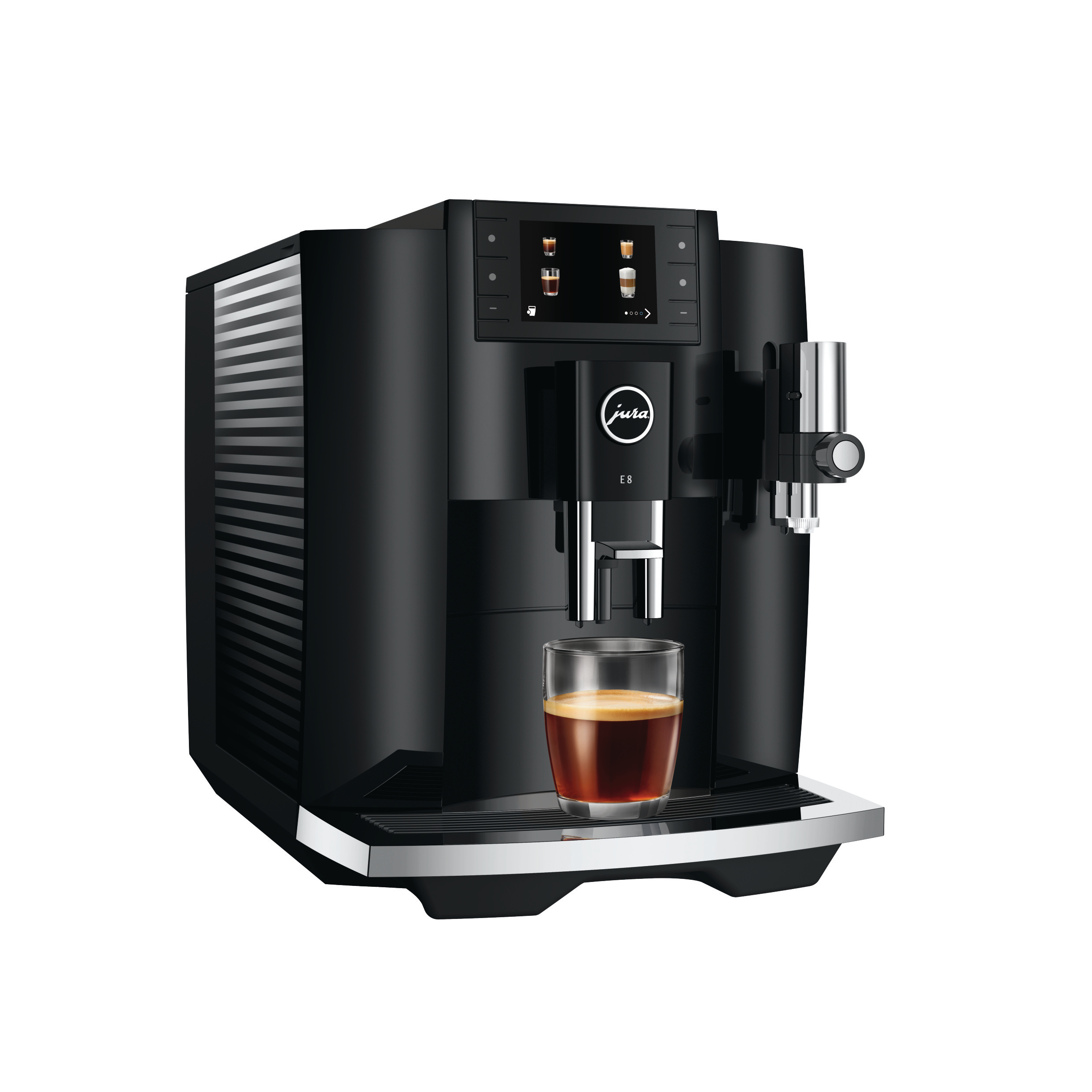 Schwarze Jura E8 Kaffeemaschine mit einem Kaffeebecher.