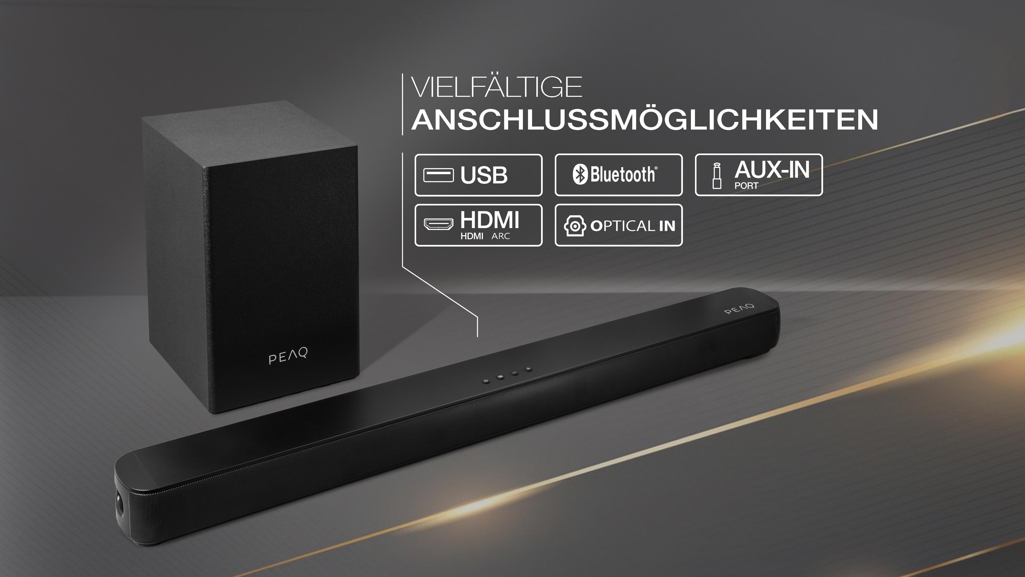 Eine schwarze Soundbar mit einem schwarzen Subwoofer, mit Verbindungssymbolen.