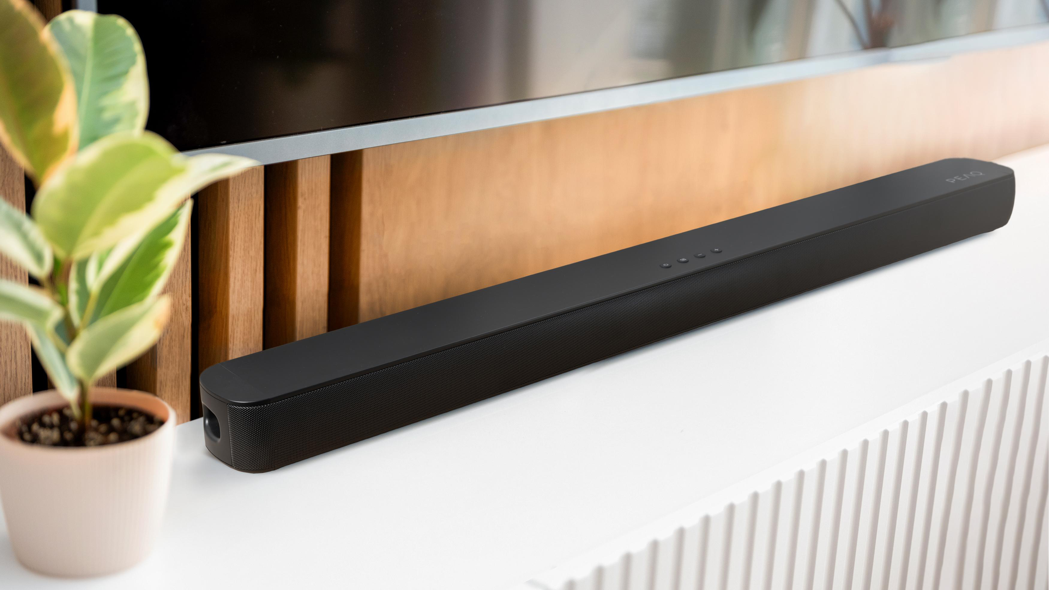 Schwarze Soundbar auf weißer Oberfläche, mit Pflanze und Gemälde im Hintergrund.