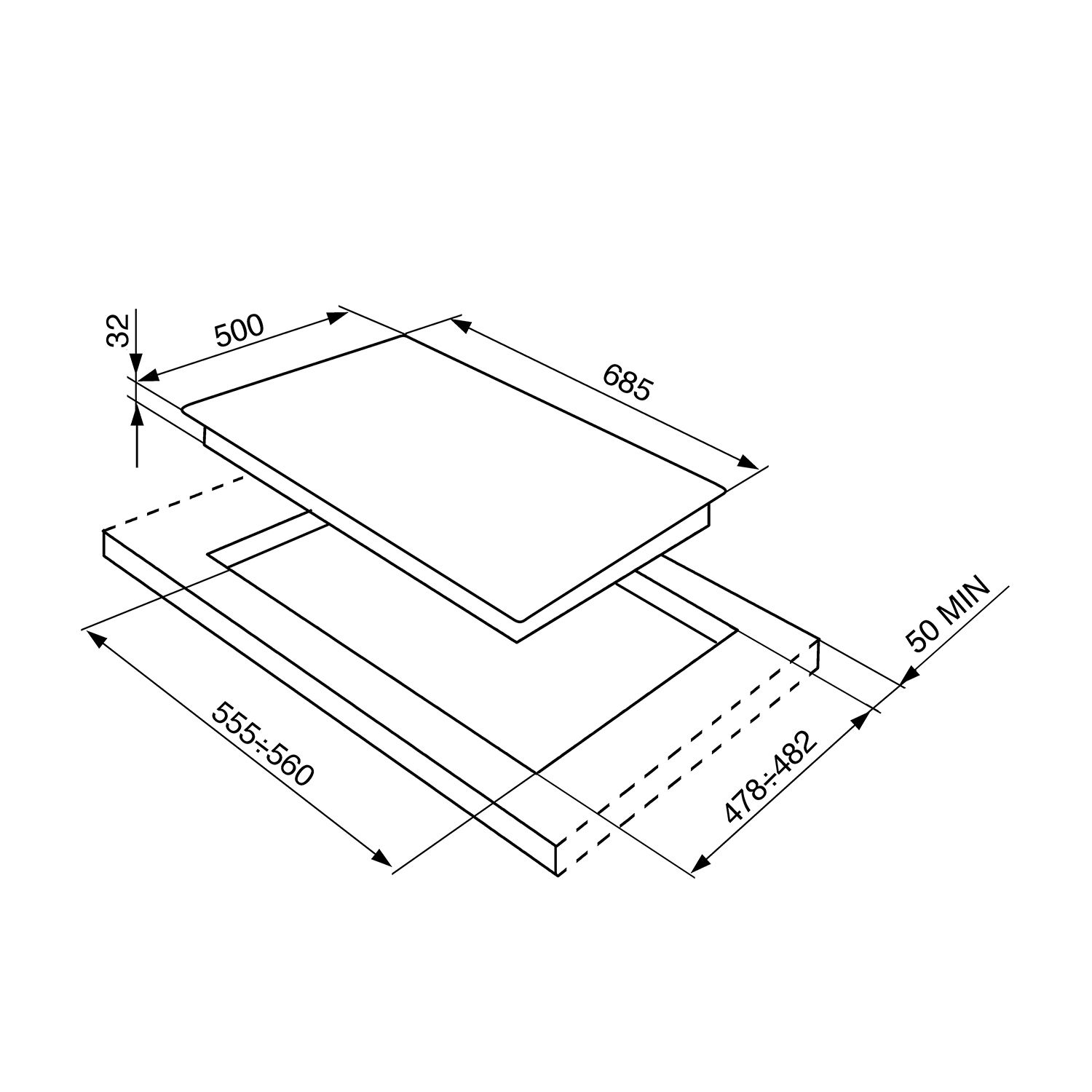Schema di un piano cottura. Mostra dimensioni, frecce e linee tratteggiate in nero su bianco.