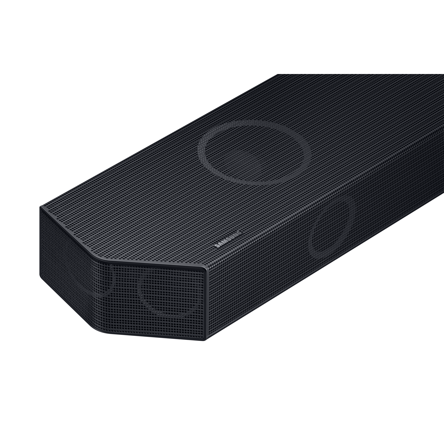 A black speaker with a mesh design. The brand name 'SAMSUNG' is visible on the speaker's surface.