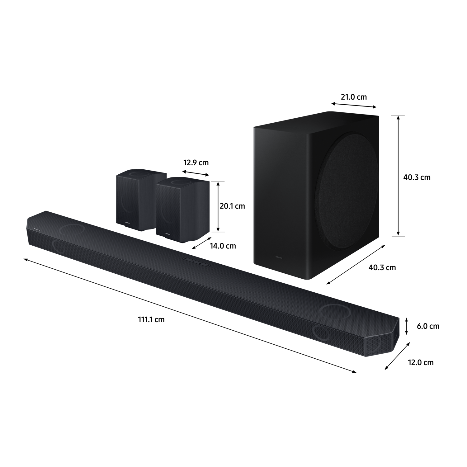 A black sound system with a soundbar, subwoofer, and two rear speakers on a dark background.