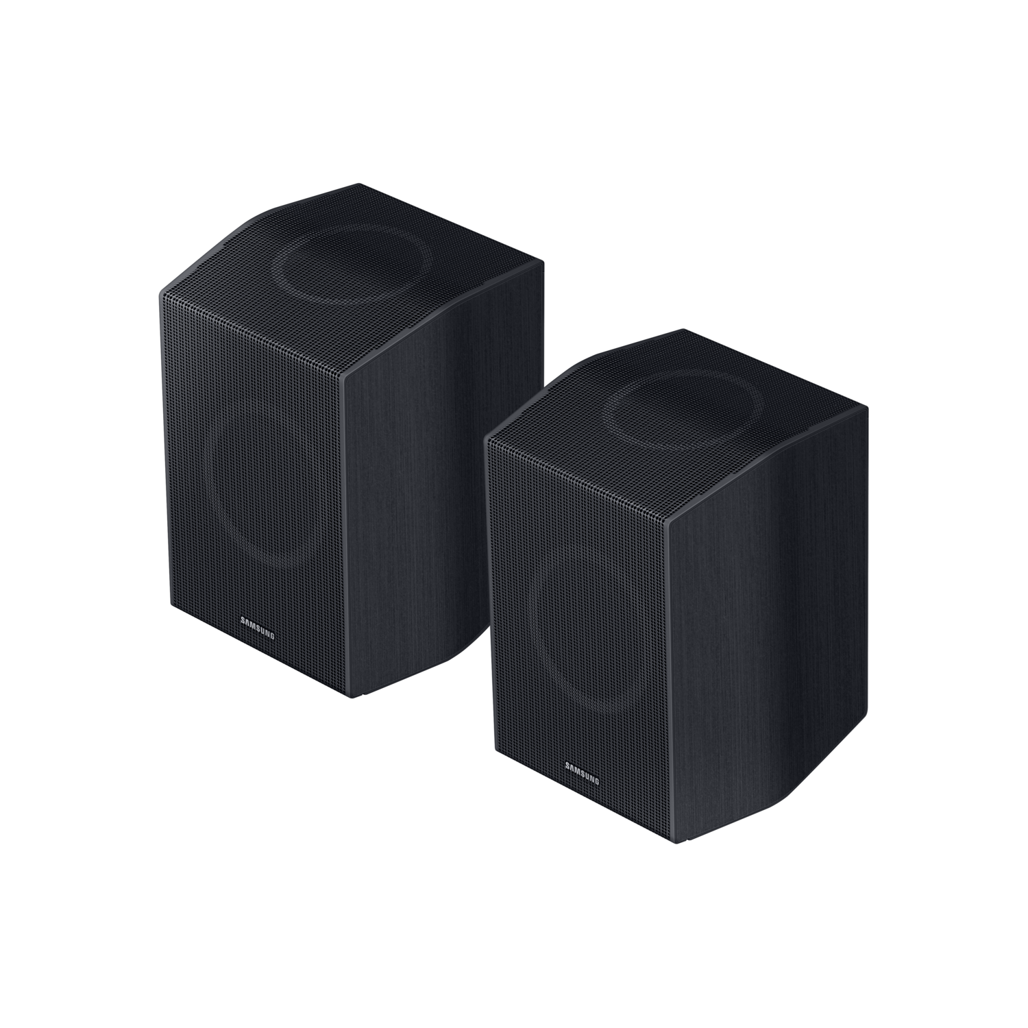 Two black speakers on black background. Samsung logo is visible.