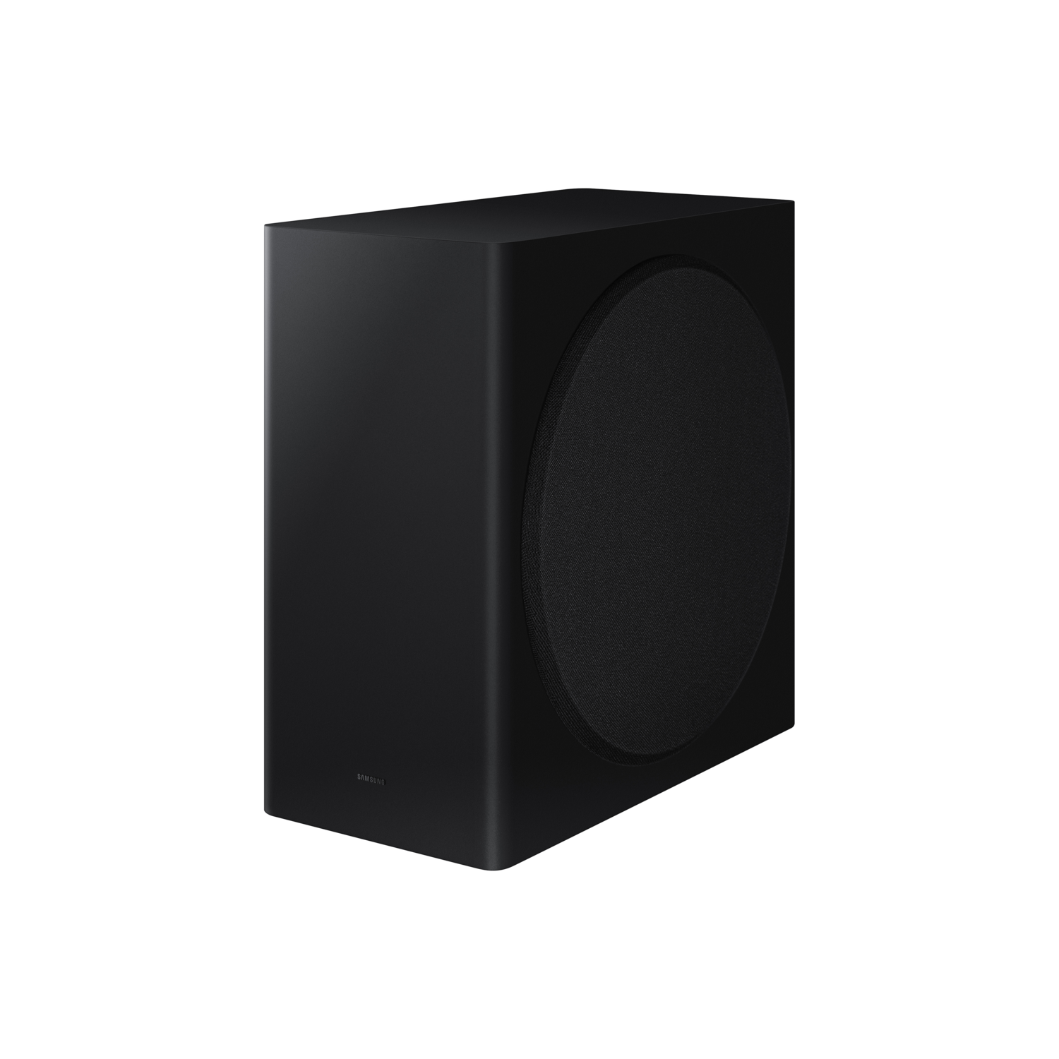 Black subwoofer with a round speaker. Has a Samsung logo. Shadow on the surface.