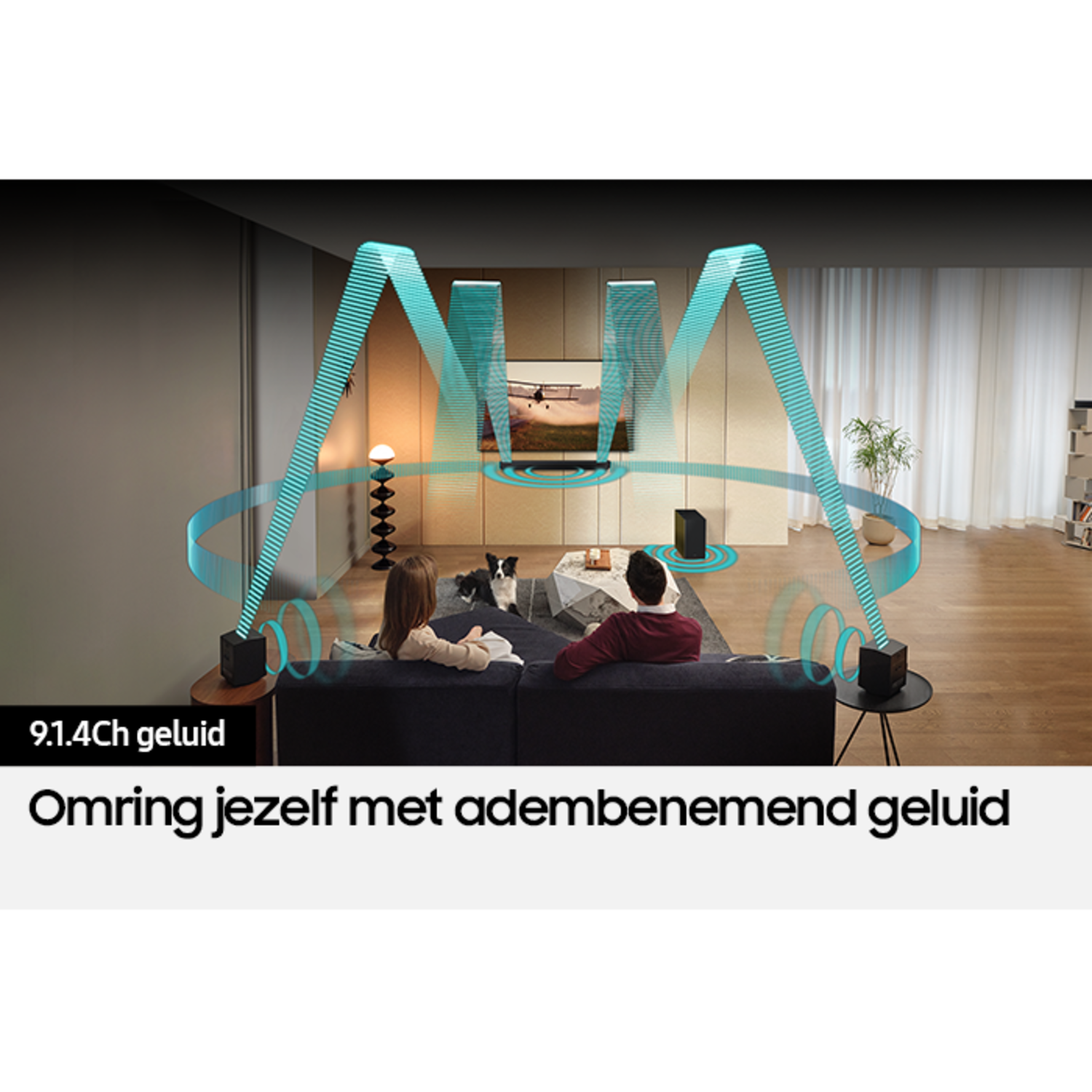 Room with a sound system, text: 9.1.4Ch geluid, Omring jezelf met adembenemend geluid.