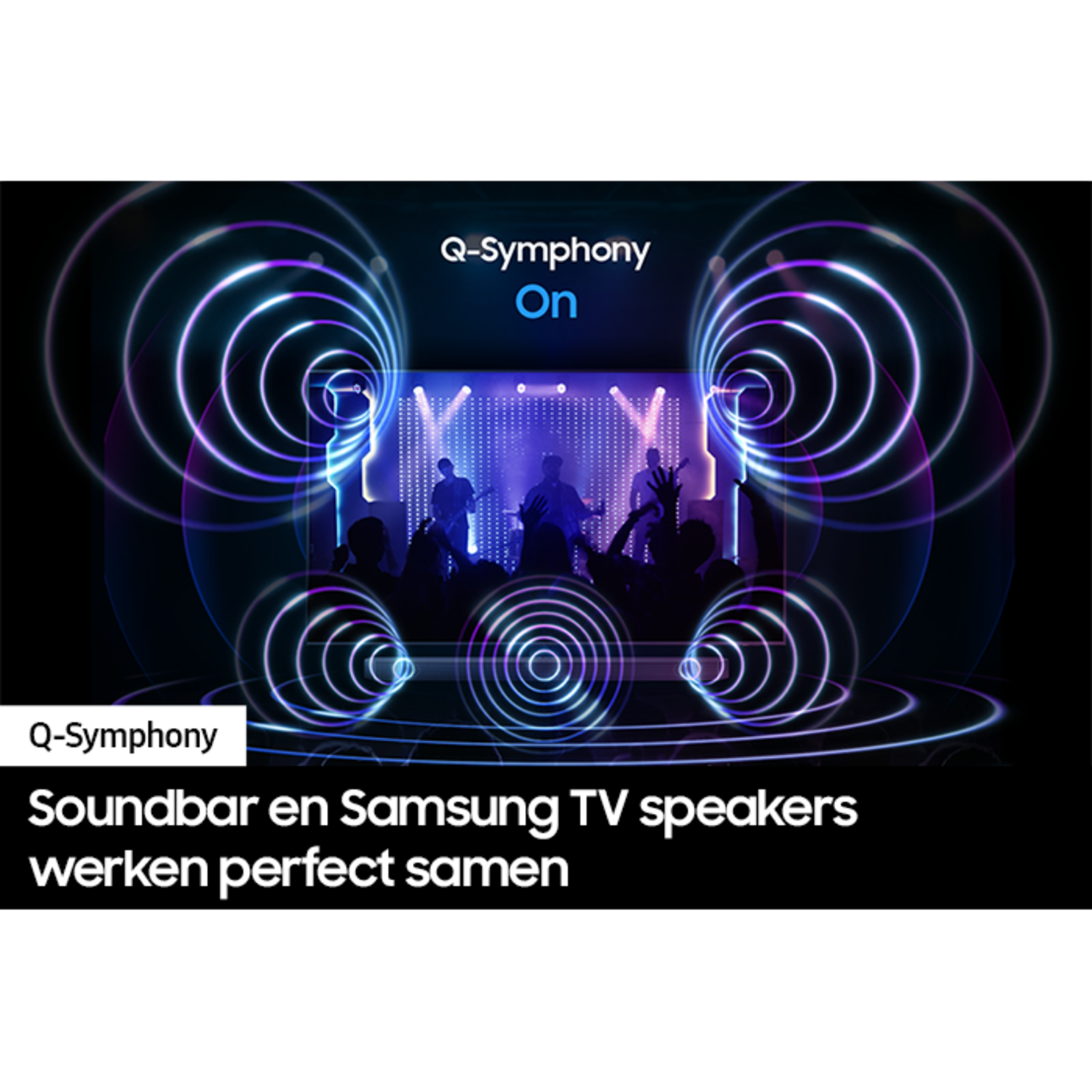 Image of a soundbar and TV with sound waves displayed.