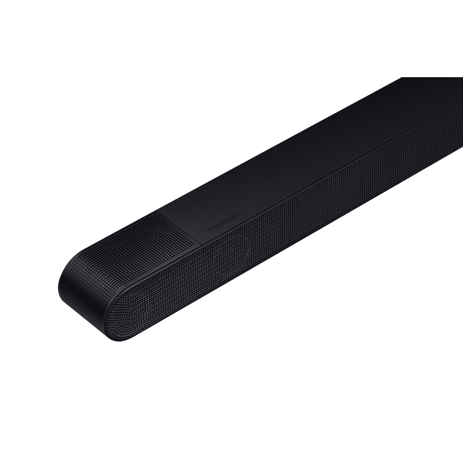 Black soundbar on a black background. The Samsung logo is visible.