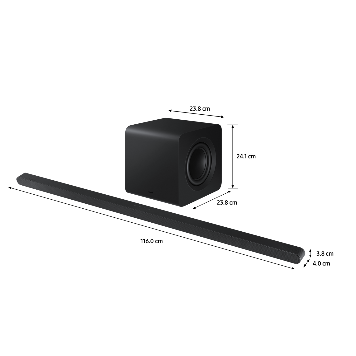 A black soundbar and subwoofer set against a black background. The soundbar is at the bottom.