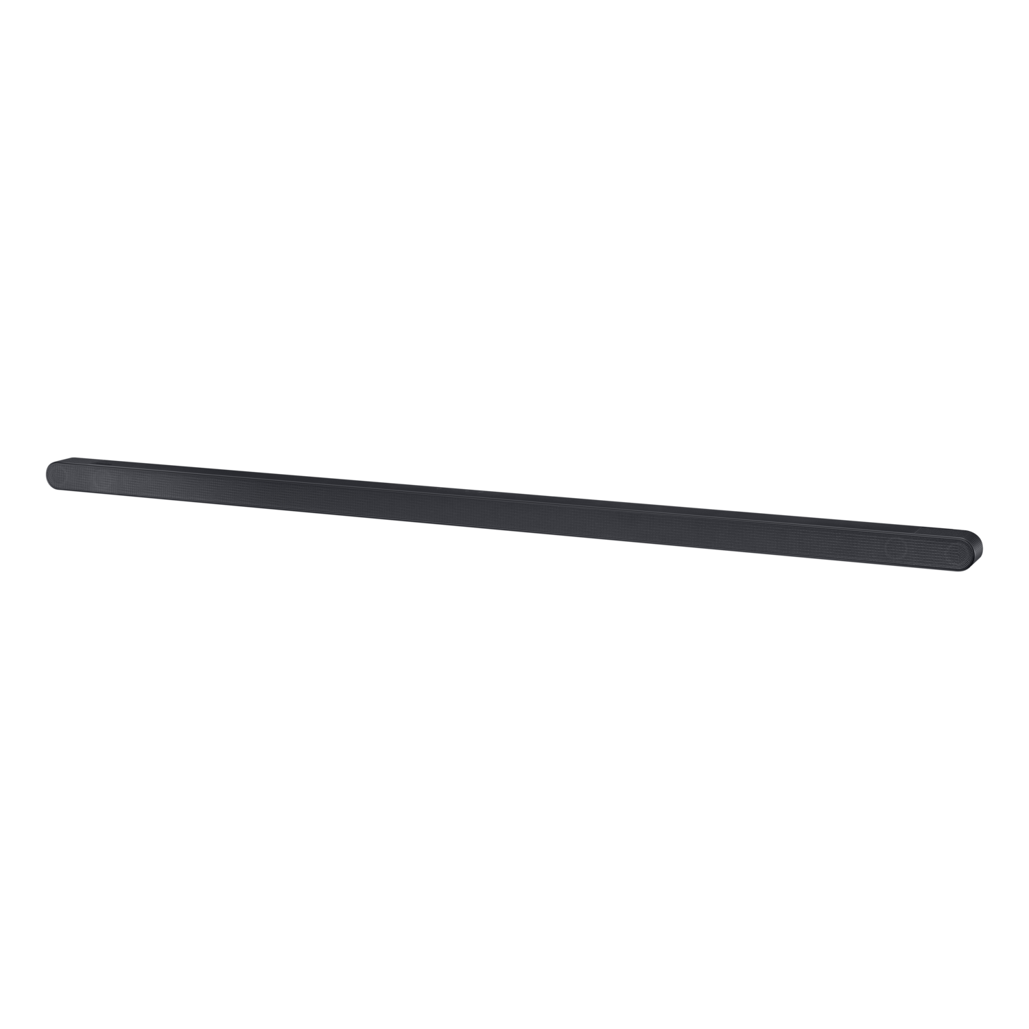 Black soundbar on a black background. The soundbar has a sleek, linear design.