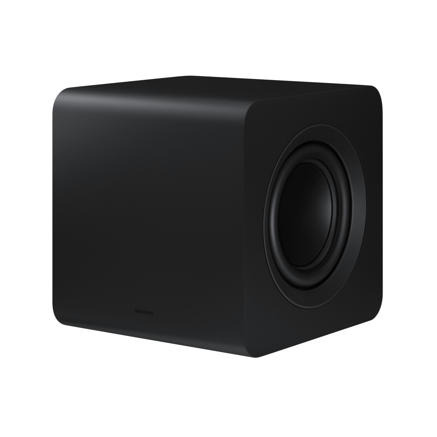 Black subwoofer on a black background, showing the speaker and the Samsung logo.