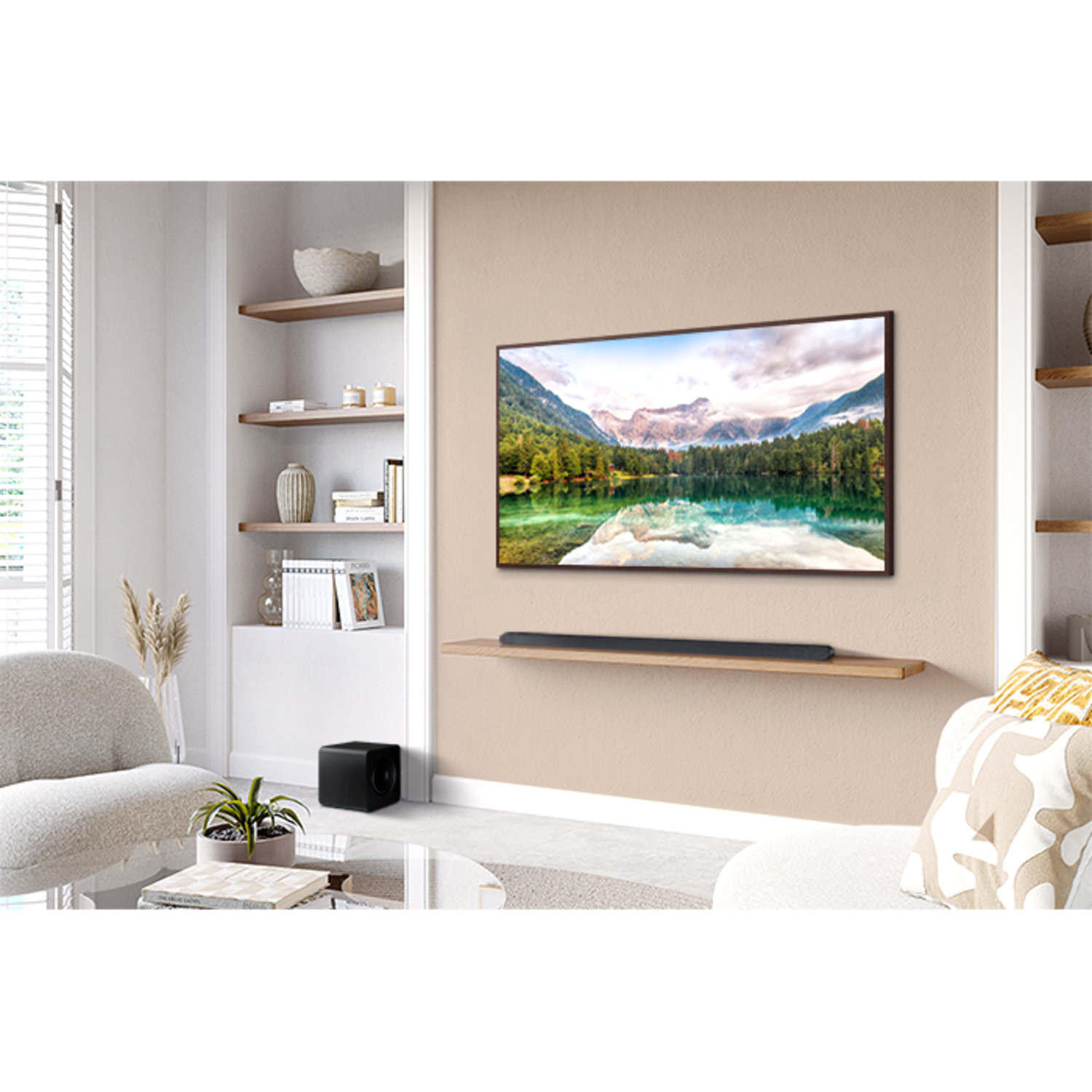 TV and soundbar on a wall.  A subwoofer is on the floor.