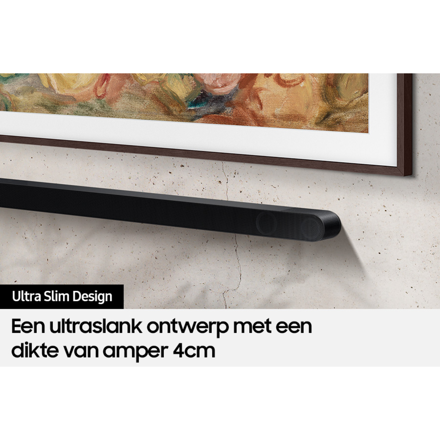 Black soundbar under a painting, with text about slim design and thickness.