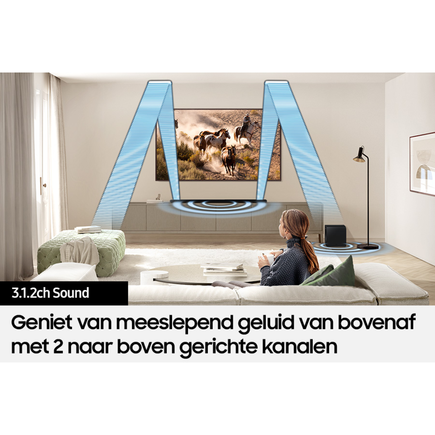 Woman on couch watching TV, sound waves displayed.