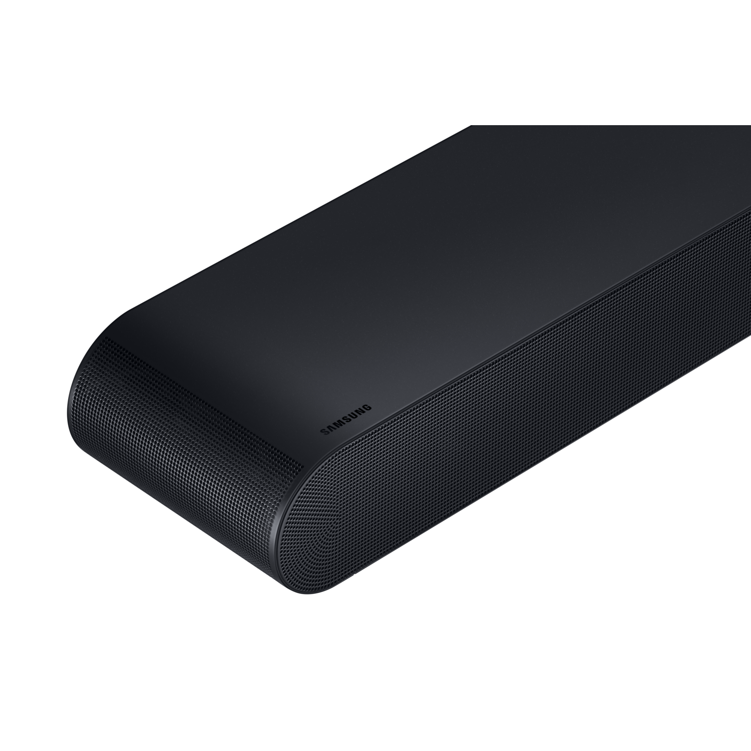 Zwarte Samsung soundbar. Donkere achtergrond. Close-up van het luidsprekermesh. Productopname.