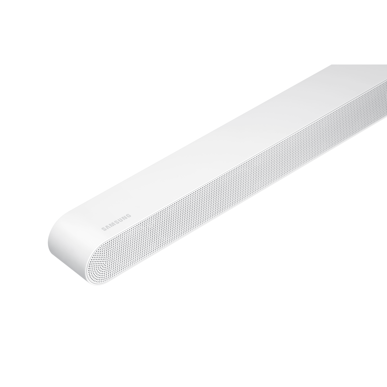 White soundbar with perforated front, angled view, black background.