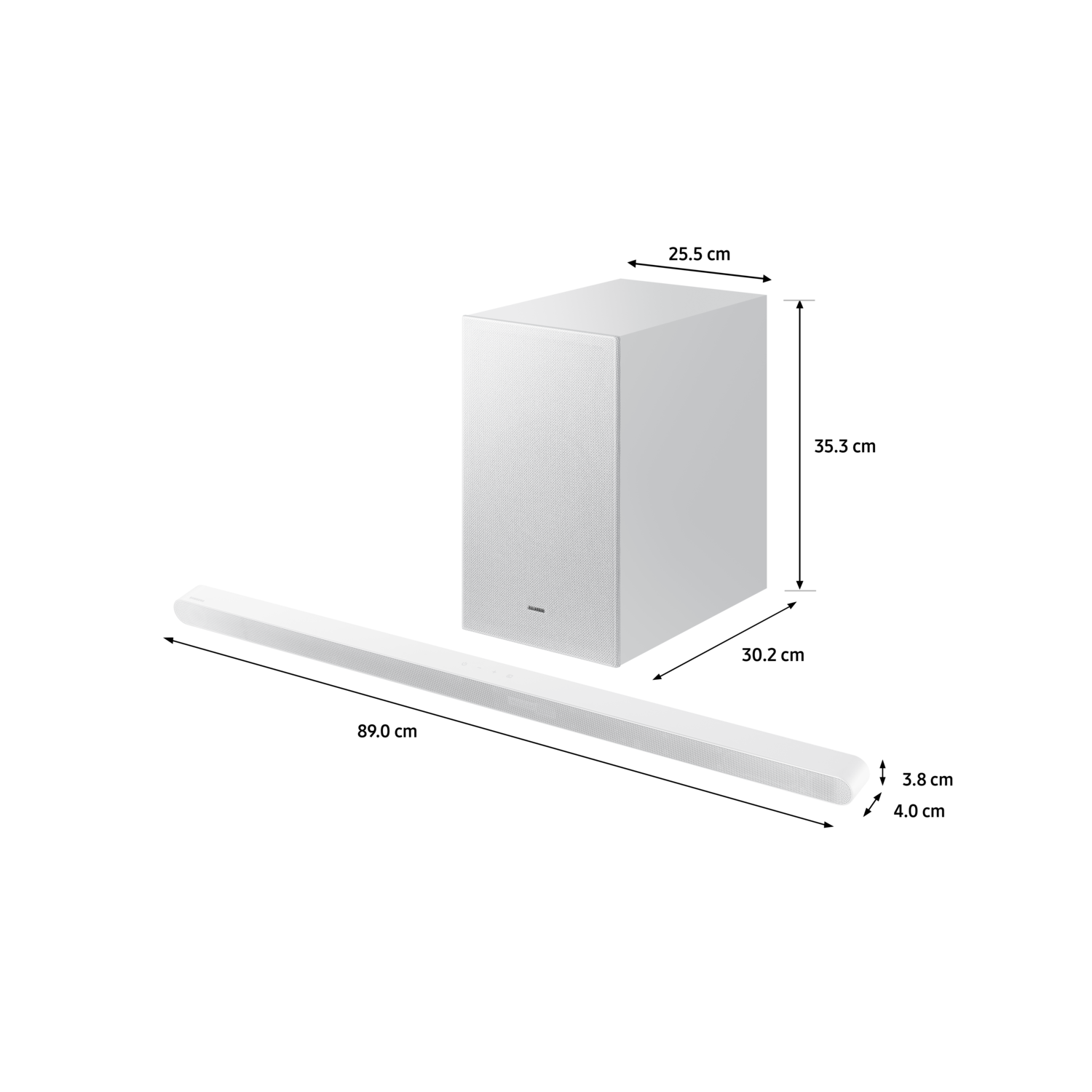White soundbar and subwoofer on a black background. They are for a home theatre.