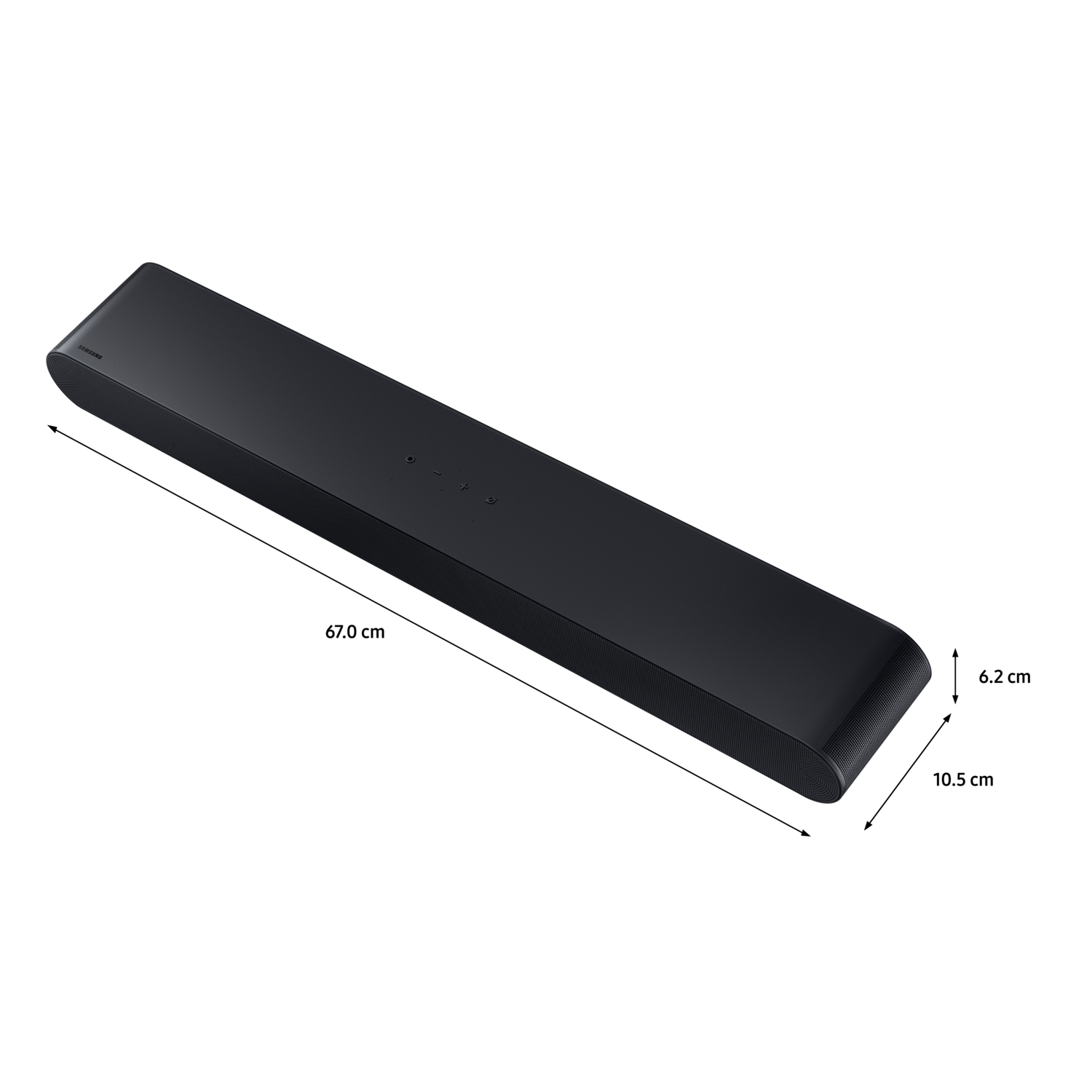 Zwarte soundbar, schuin op zwarte achtergrond, met 'Samsung' erboven.