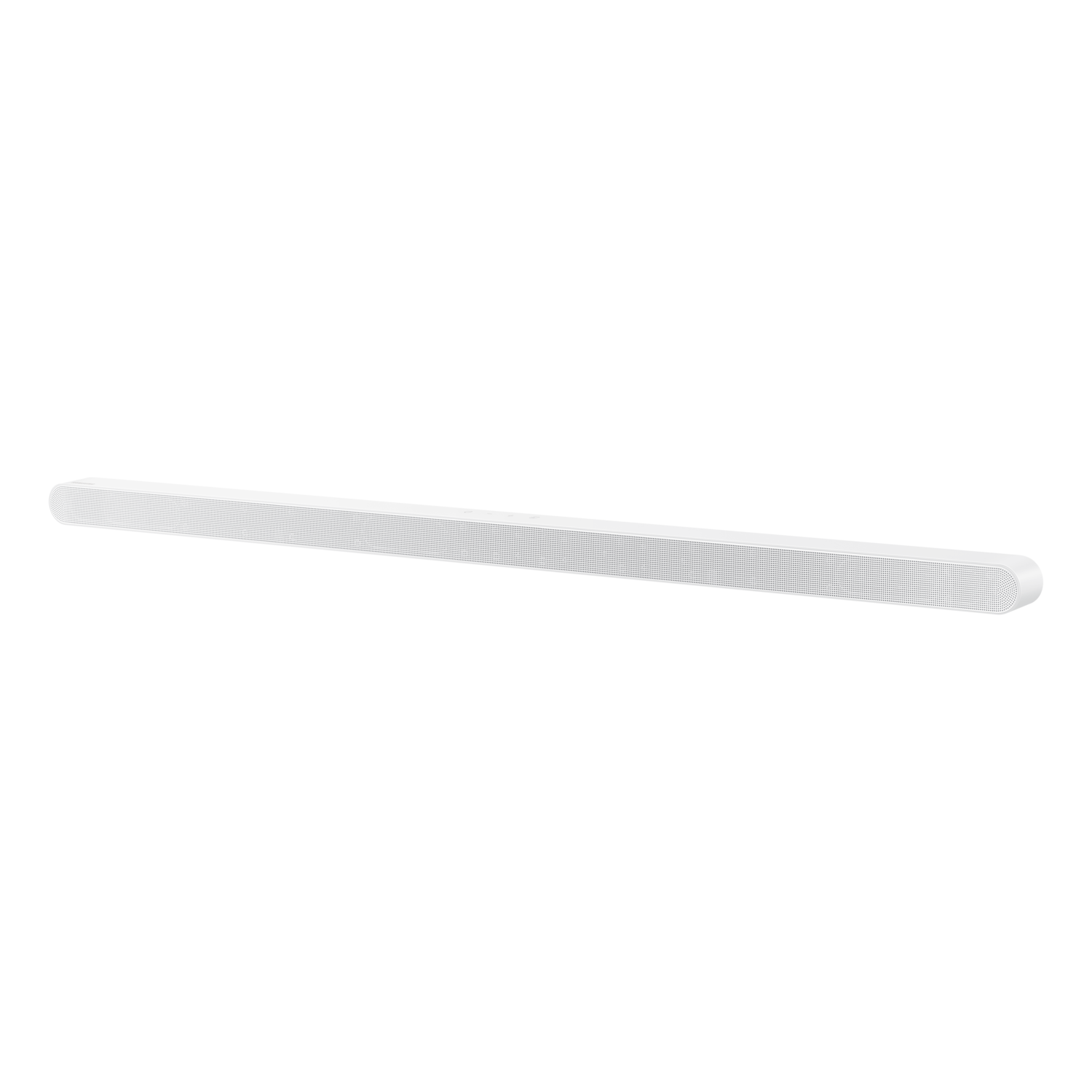 A white soundbar with a sleek design, on a black background.