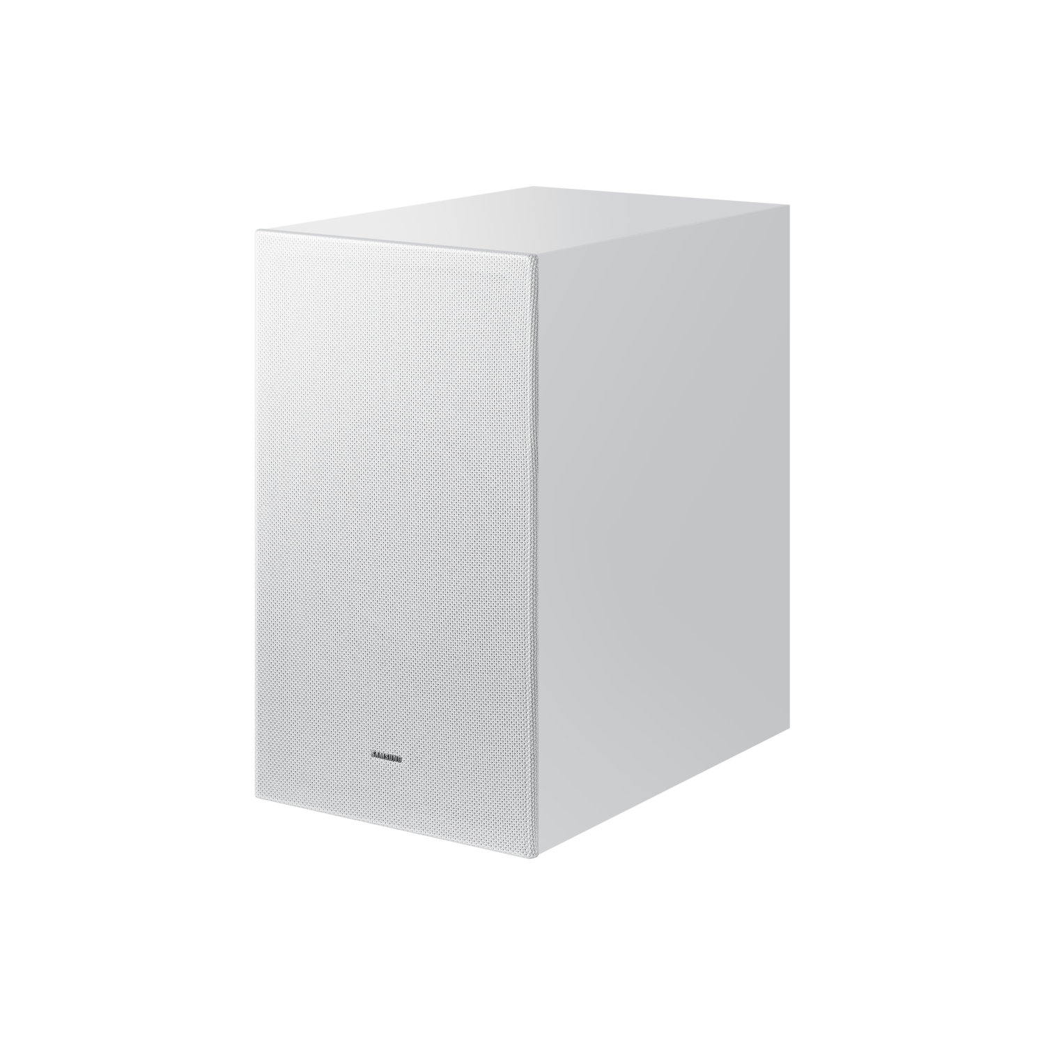A white rectangular subwoofer speaker on a black background, positioned at a slight angle.