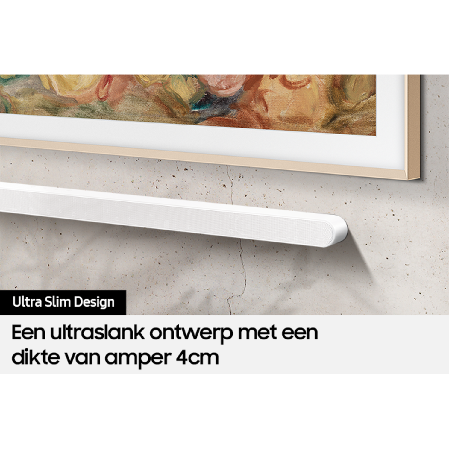 A white sound bar is placed below a wall art piece. Text says 'Ultra Slim Design'.