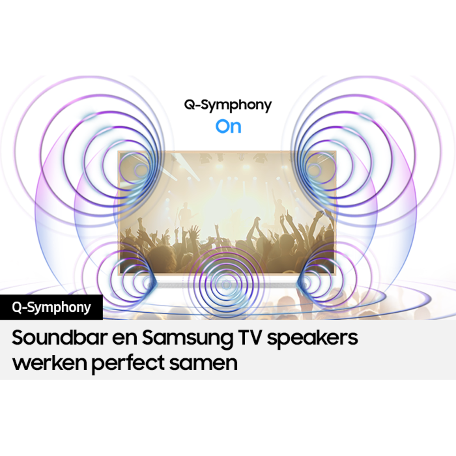 Image shows a TV with a crowd in front of a stage, with sound waves from a soundbar.