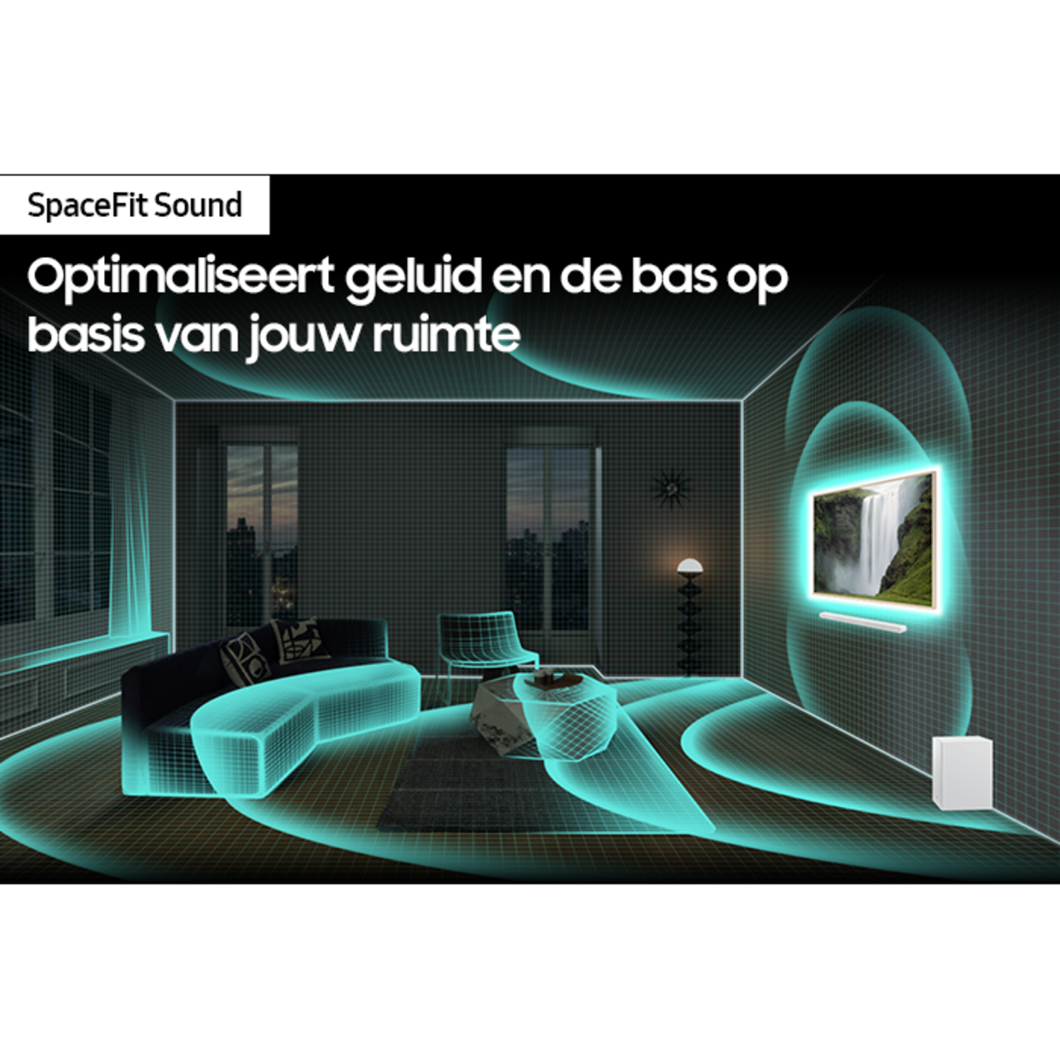 A diagram shows a room with a sound system.
