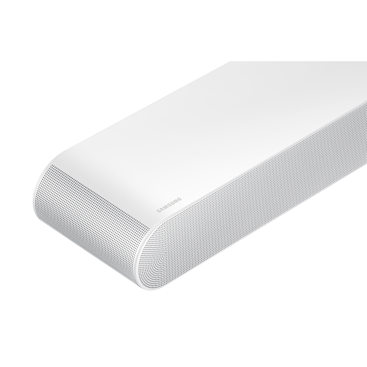 A white soundbar with a perforated front, Samsung logo.