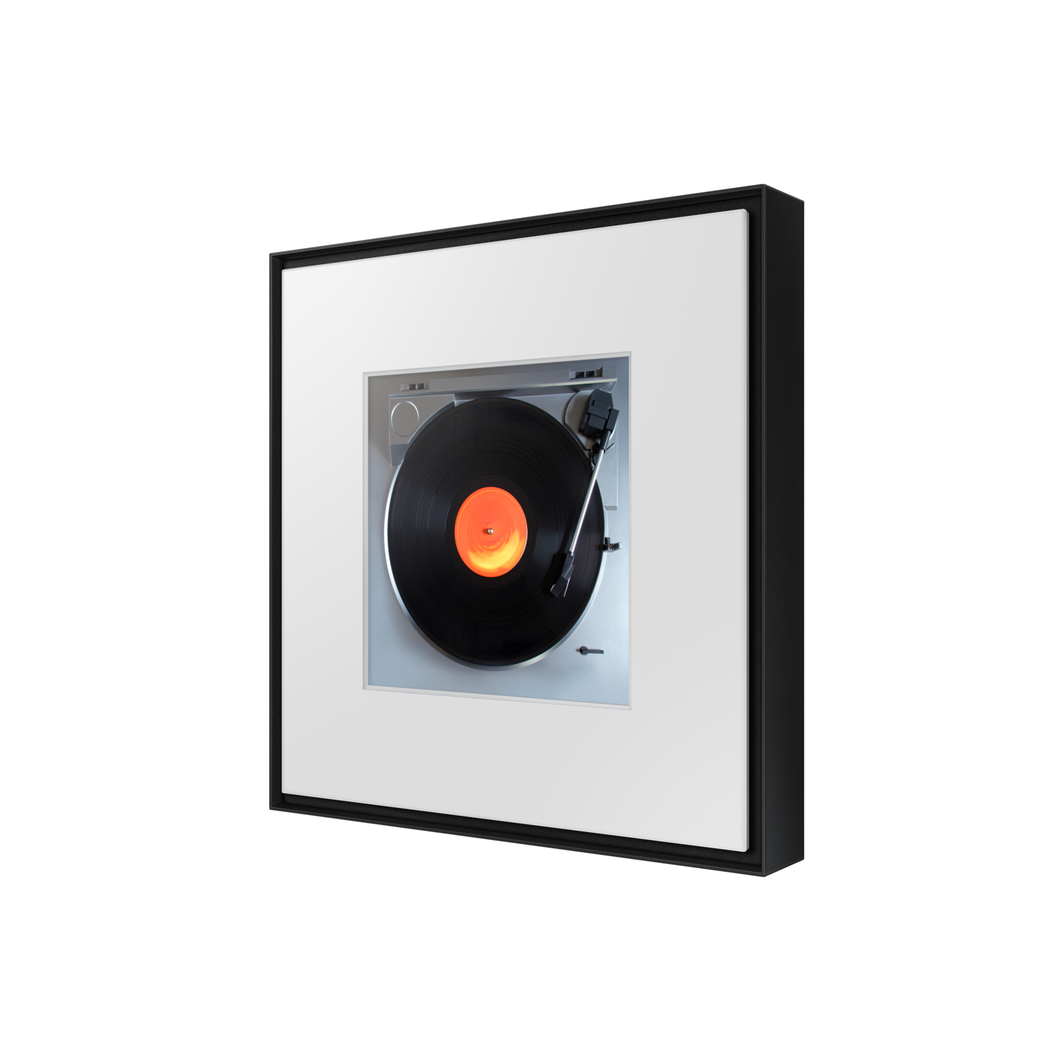 Turntable in frame. Black vinyl record with orange center label. White frame, black background.