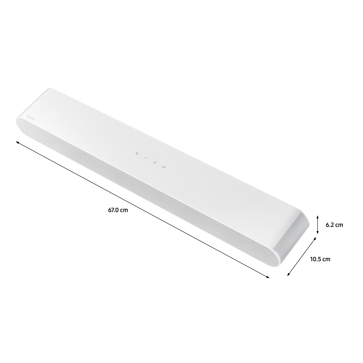 White Samsung soundbar, sleek design, angled view on a black background.