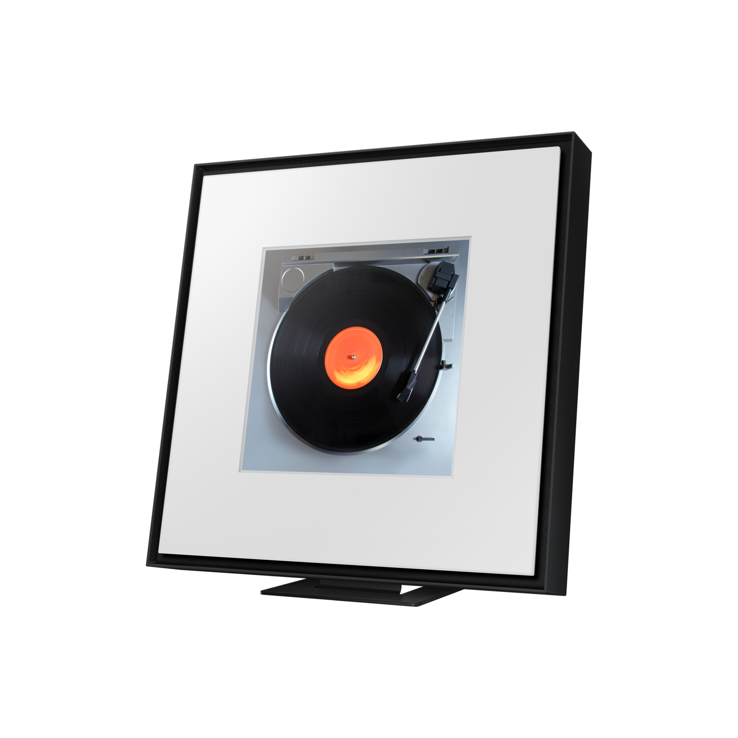 A record player in a white frame with a black background. The record is orange.