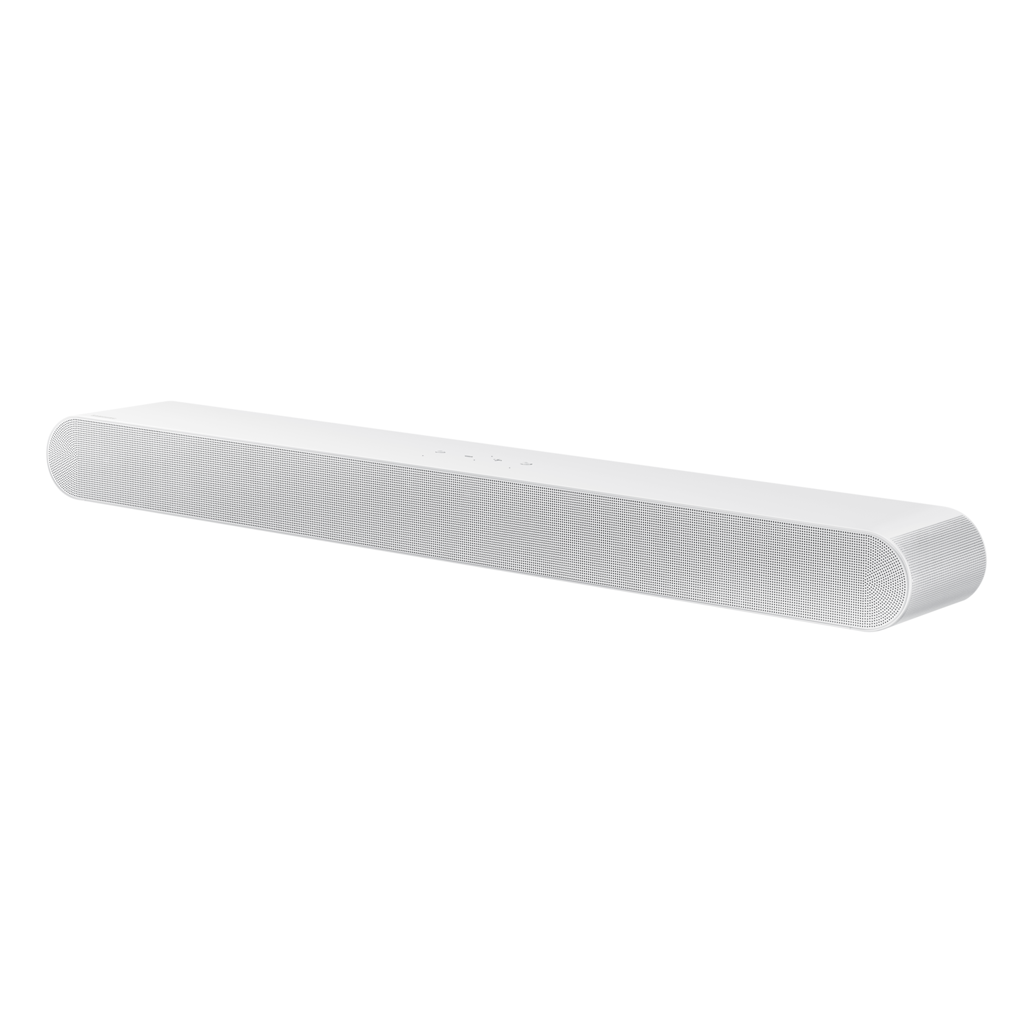 White soundbar on a black background. It is a long, rectangular shape.
