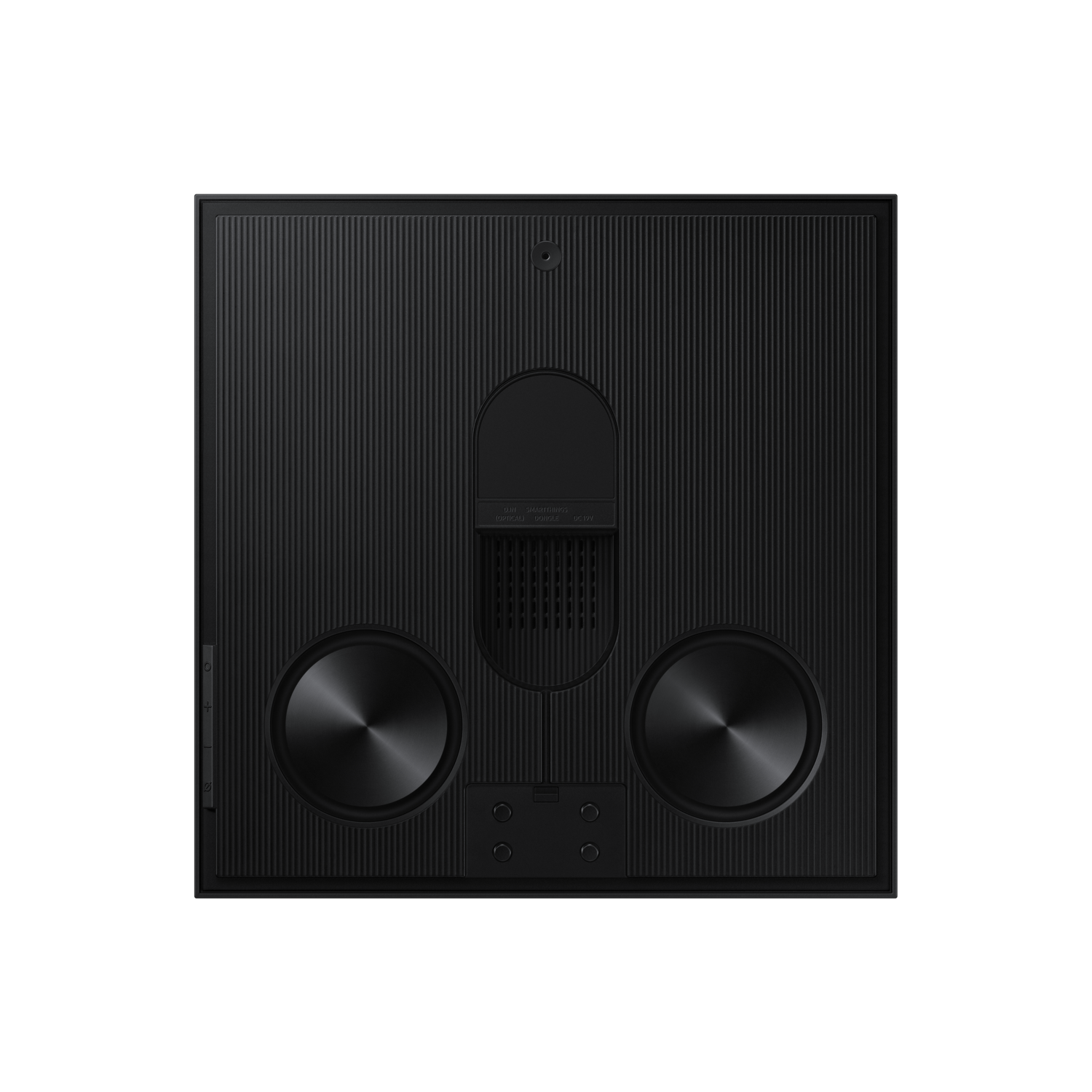 A back view of a black sound bar with speakers. It has a ribbed texture.