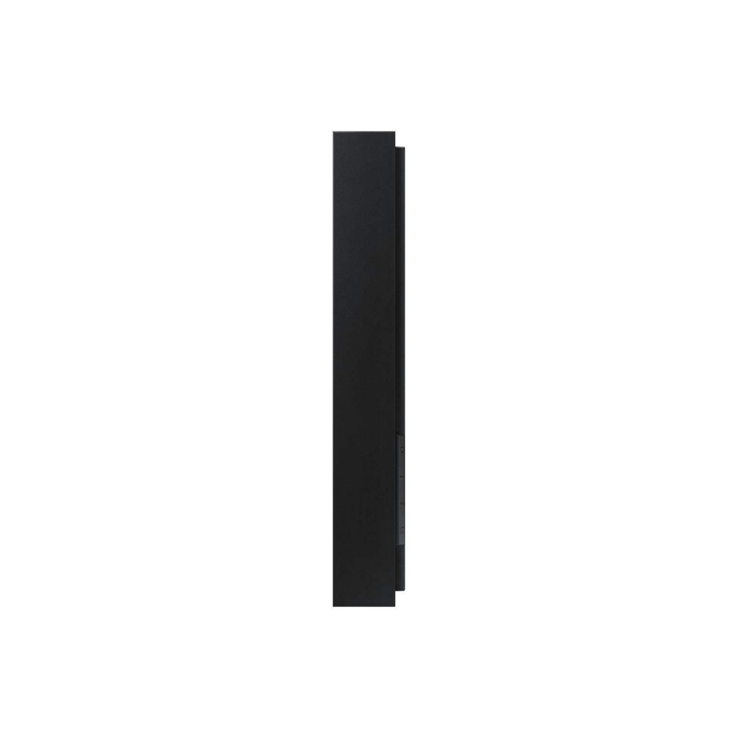 A tall, thin black rectangular speaker against a black background.