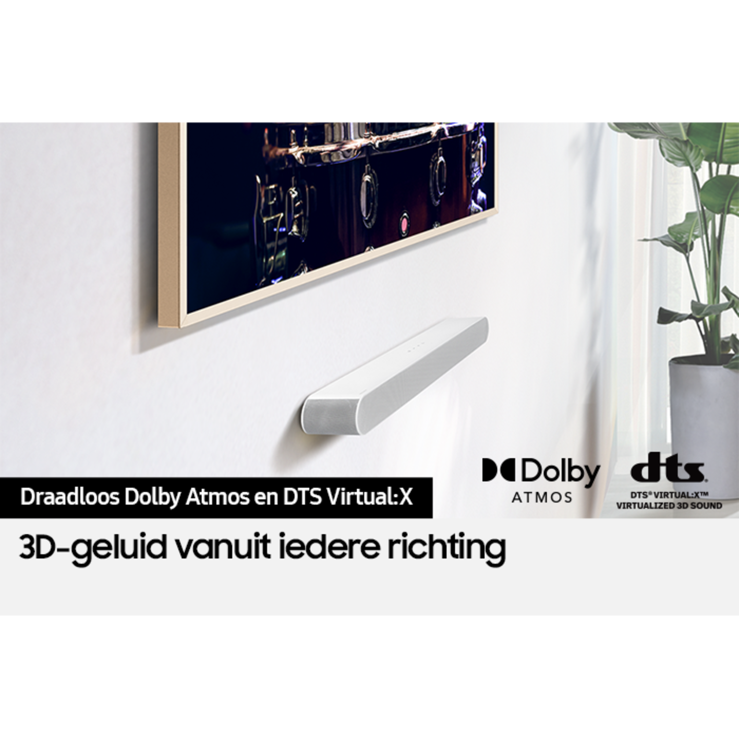 White soundbar mounted on a wall, with a picture and text in the image.