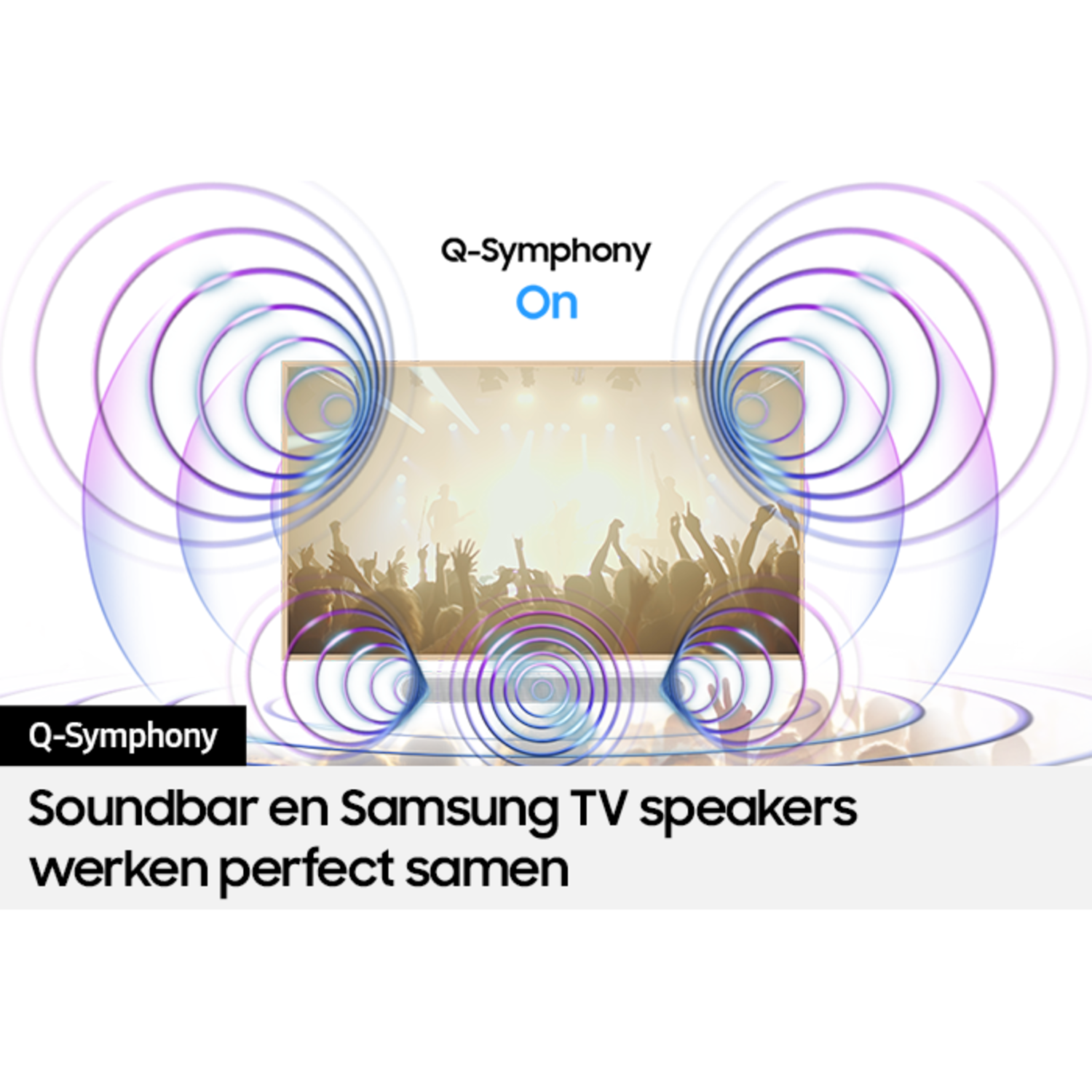 TV screen with audience silhouette. Sound waves around the TV. Text: Q-Symphony On.