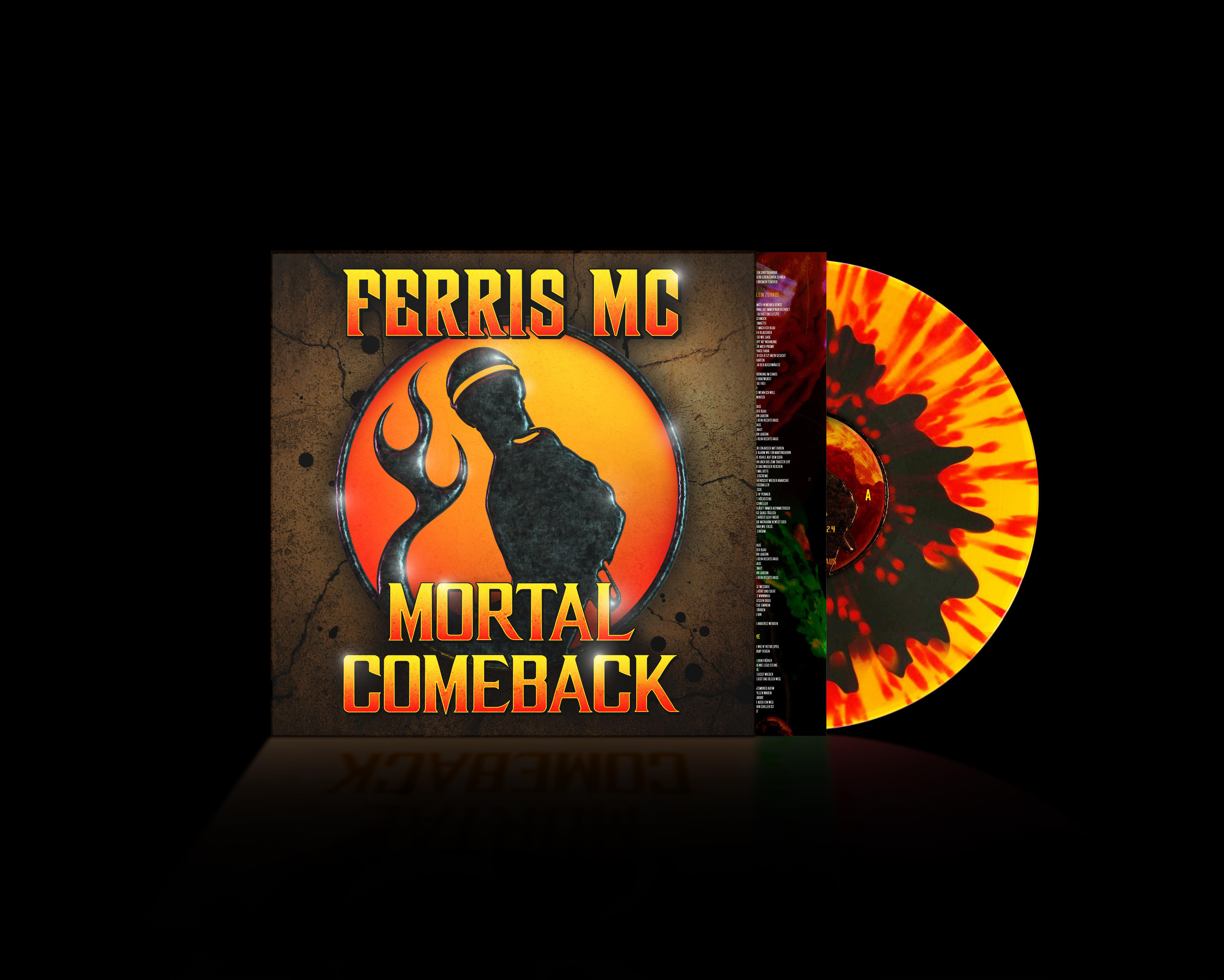 Albumcover mit Ferris MCs Silhouette, einer Flamme und den Worten 'Mortal Comeback' auf einer Schallplatte.