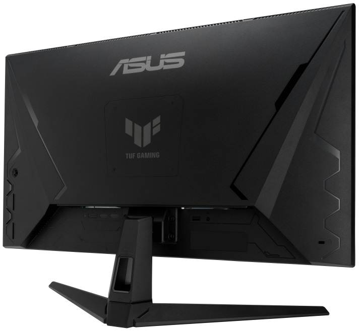 Tył czarnego monitora ASUS TUF Gaming. Logo ASUS u góry. Logo TUF GAMING pośrodku.