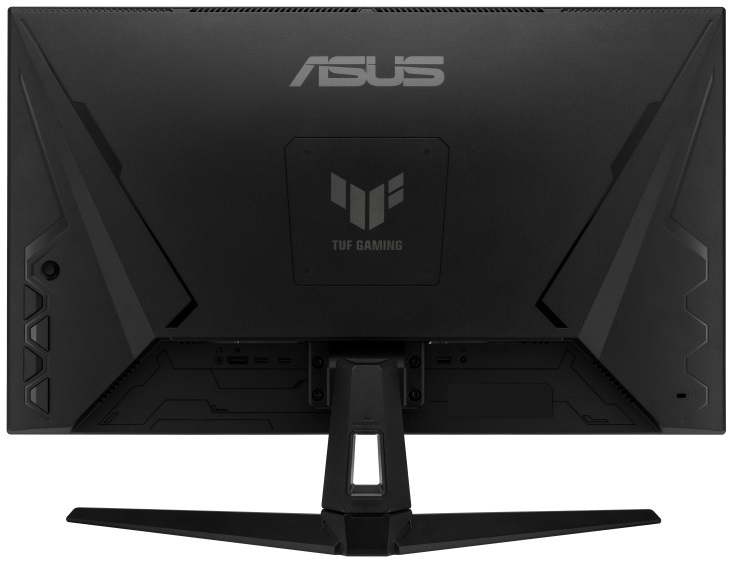 Czarny monitor komputerowy, widok z tyłu, z logo ASUS i TUF GAMING oraz podstawką.