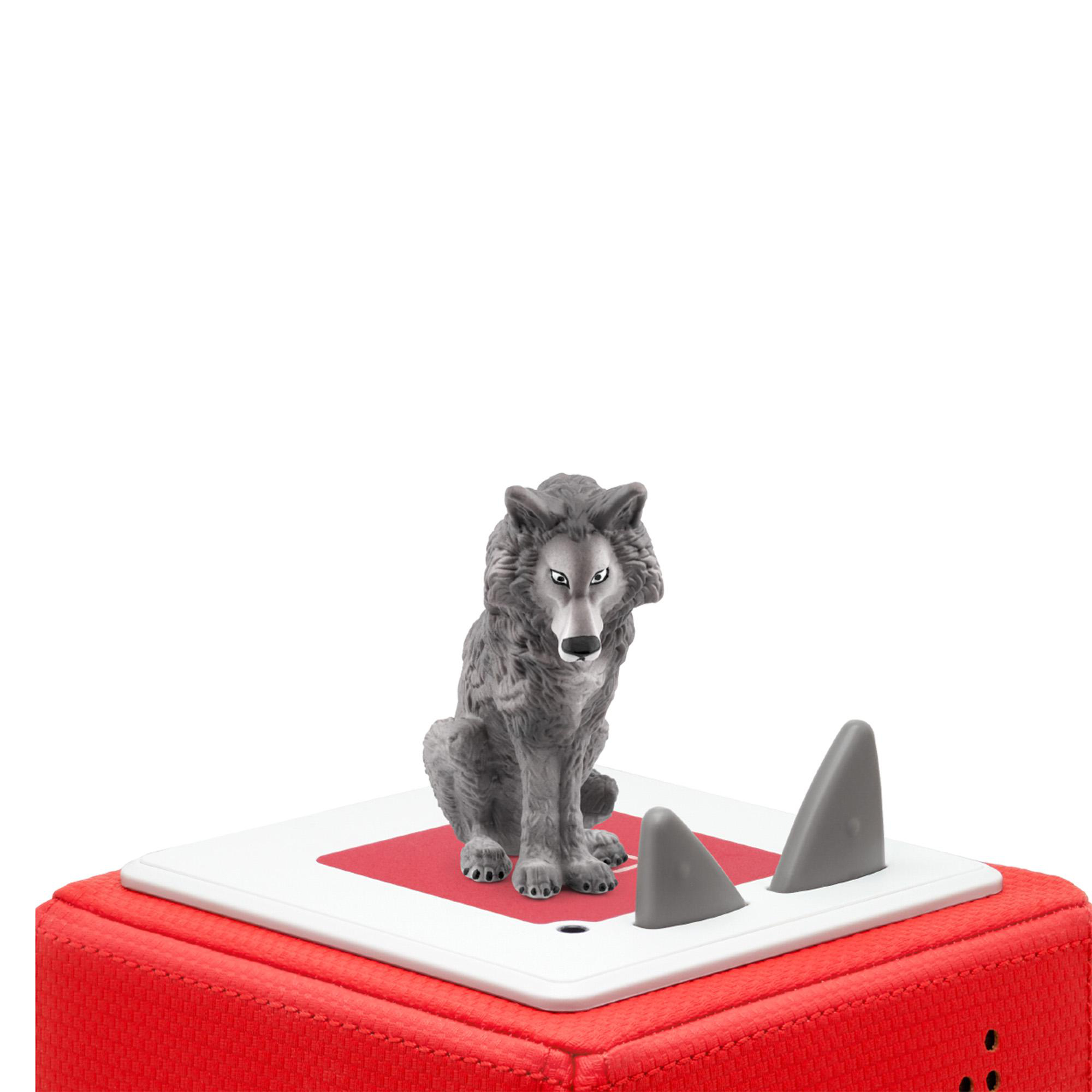 Spielzeug-Wolfsfigur auf roter und weißer Basis mit grauen Formen.