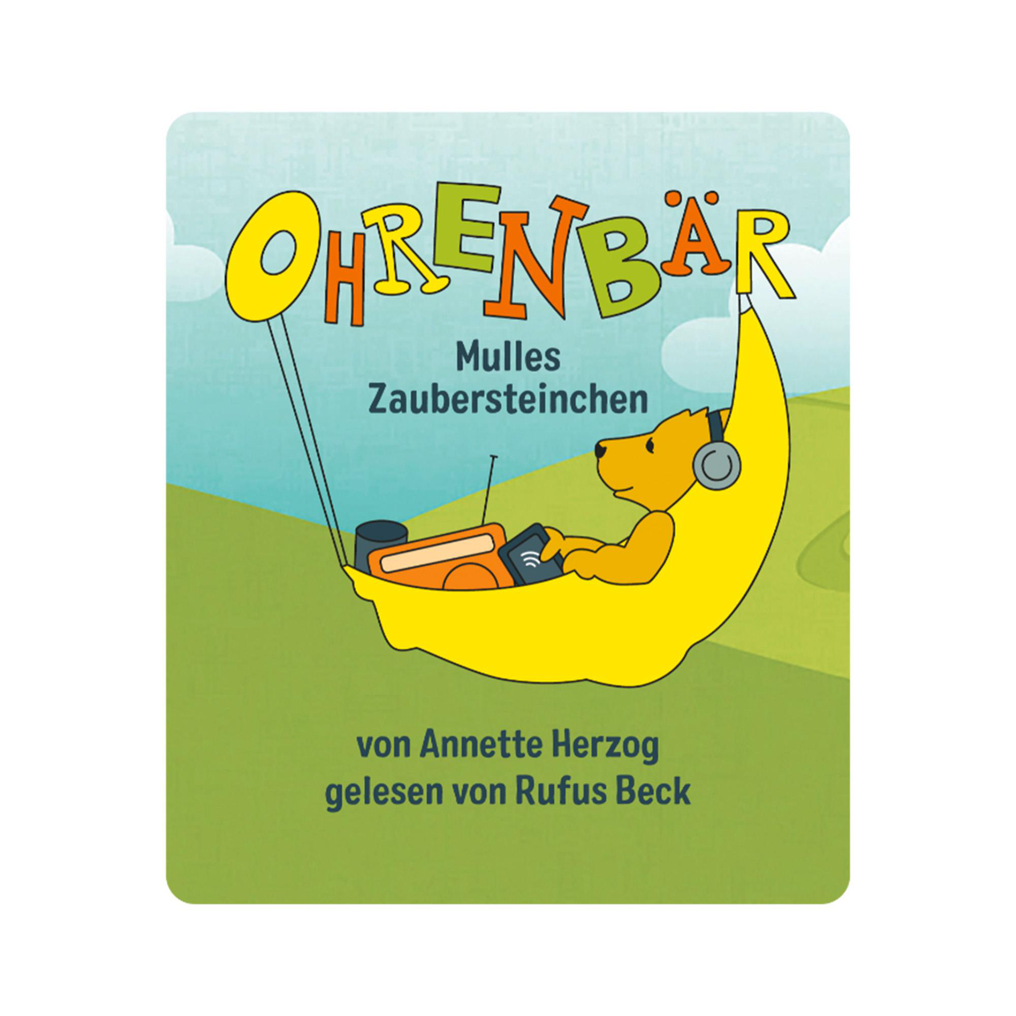 Illustration eines Bären auf einem Halbmond mit Kopfhörern, mit deutschem Text.