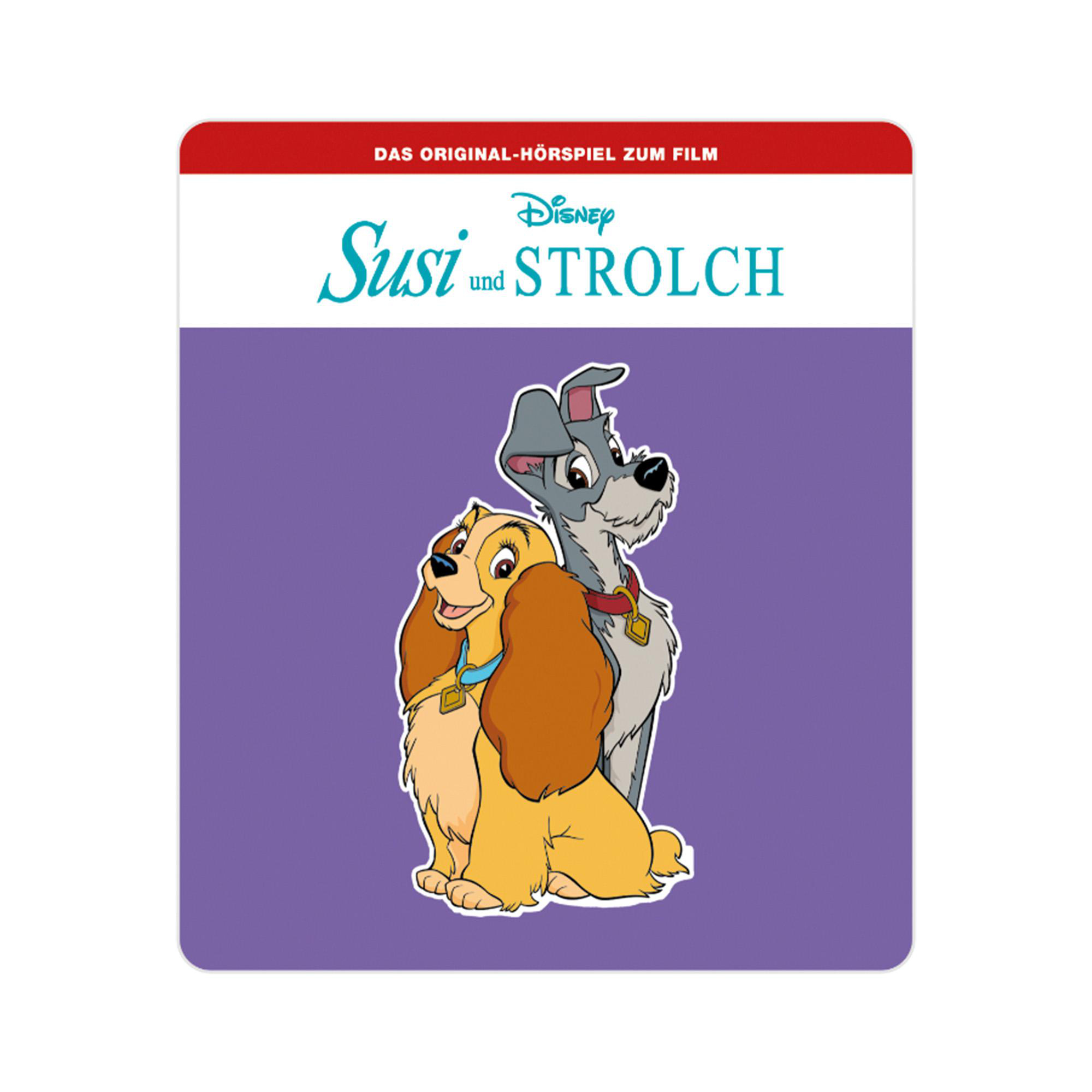 Hülle der DVD 'Susi und Strolch'. Die Hunde zusammen auf lila Hintergrund.